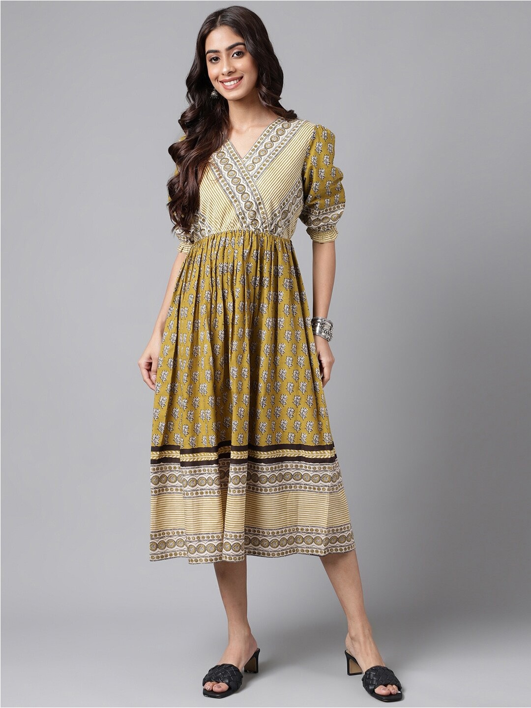 Janasya Ethnic Motifs Printed V-Neck Gathered Detailed Fit & Flare Midi Dress, Yellow
Janasya Ethnic Motifs Printed V-Neck Gathered Detailed Fit & Flare Midi Dress, Yellow