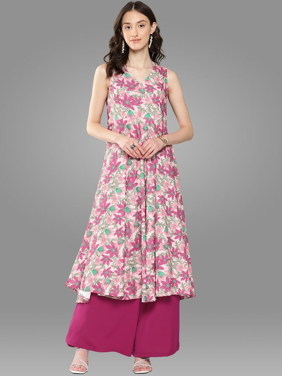 Janasya Pink Floral Printed Pleated Kurta with Palazzos