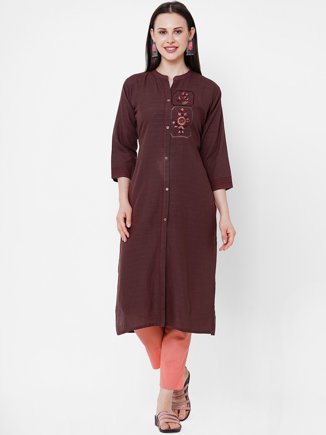 PRESENT CREATION Thread Work Detailed Pure Cotton Straight Kurta with Trousers, Brown
PRESENT CREATION Thread Work Detailed Pure Cotton Straight Kurta with Trousers, Brown