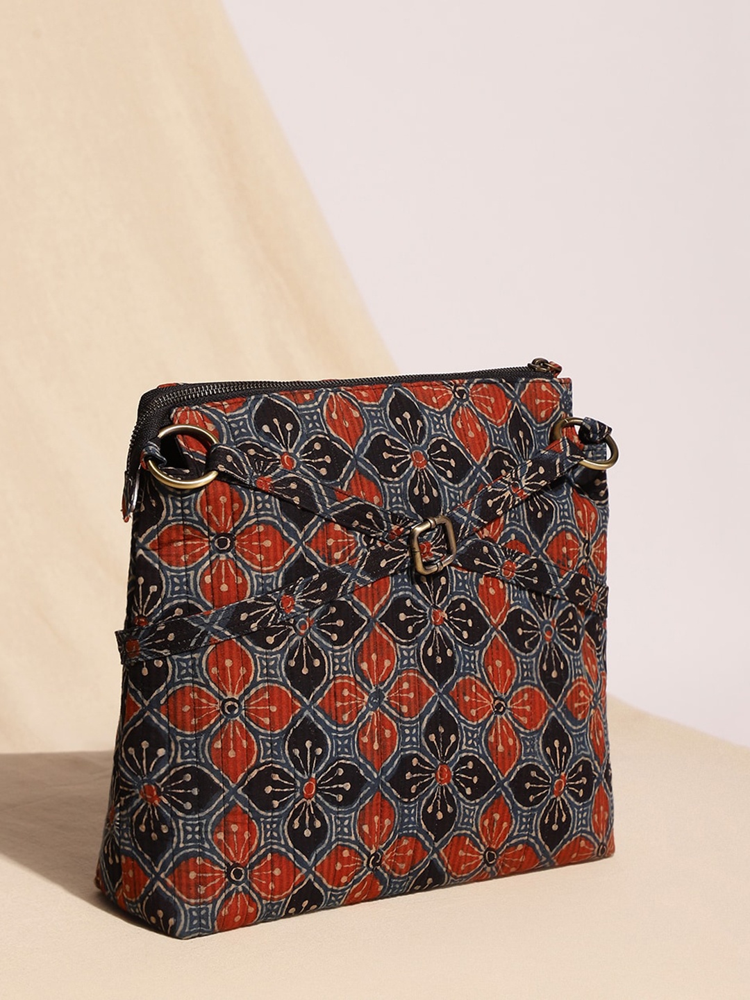 Fabindia PU Structured Floral Printed Sling Bag, Red