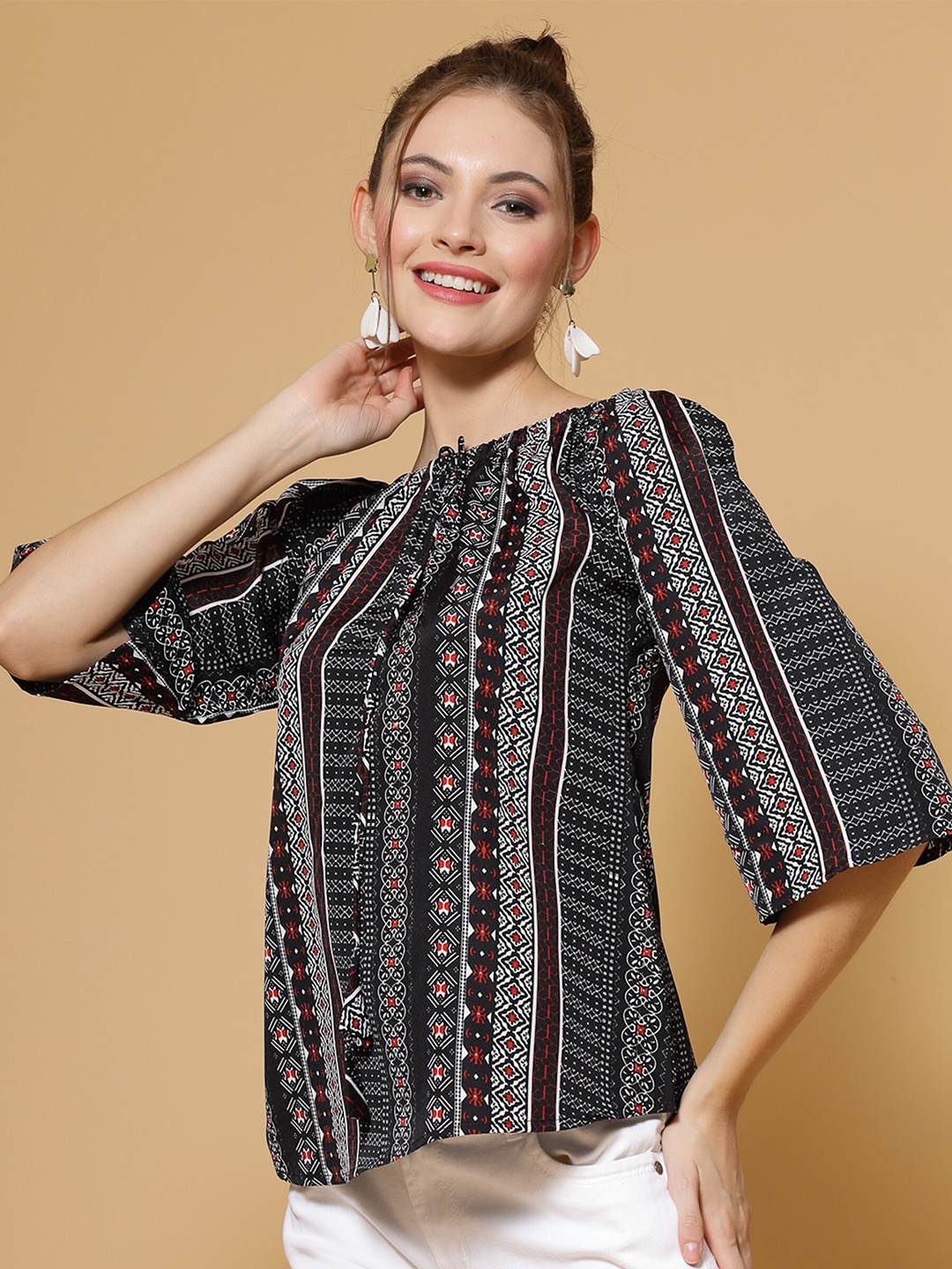 MISS AYSE Geometric Print Tie-Up Neck Flared Sleeve Crepe Top, Black