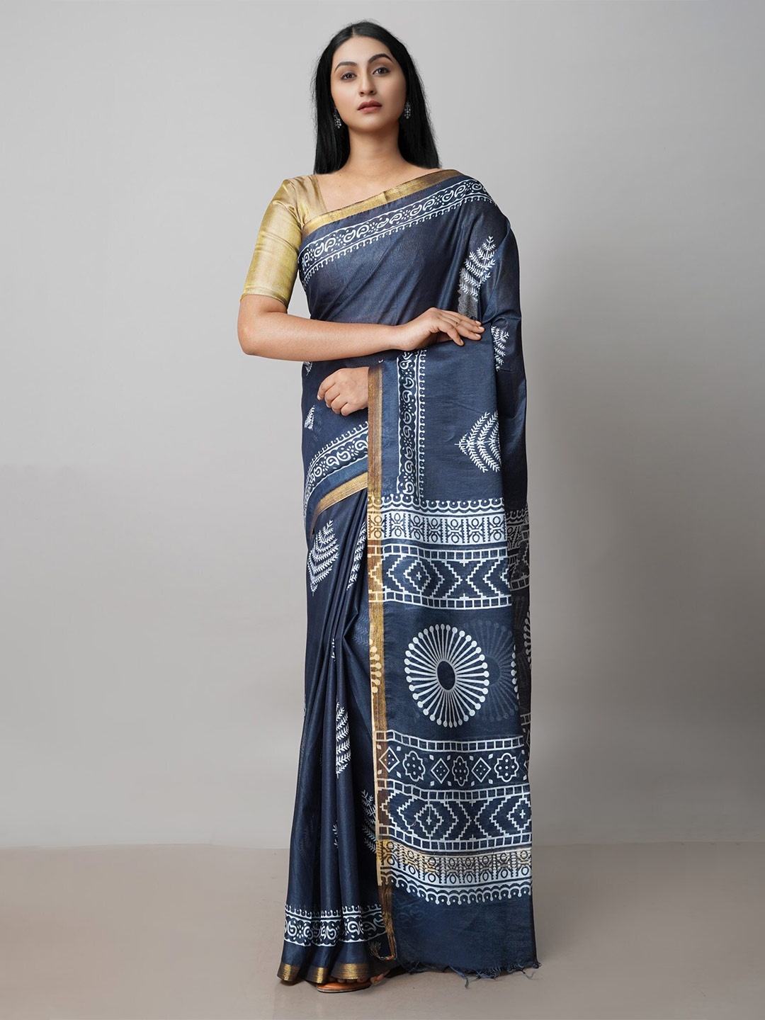 Unnati Silks Ethnic Motifs Printed Zari Cotton Silk Chanderi Saree, Navy blue
Unnati Silks Ethnic Motifs Printed Zari Cotton Silk Chanderi Saree, Navy blue