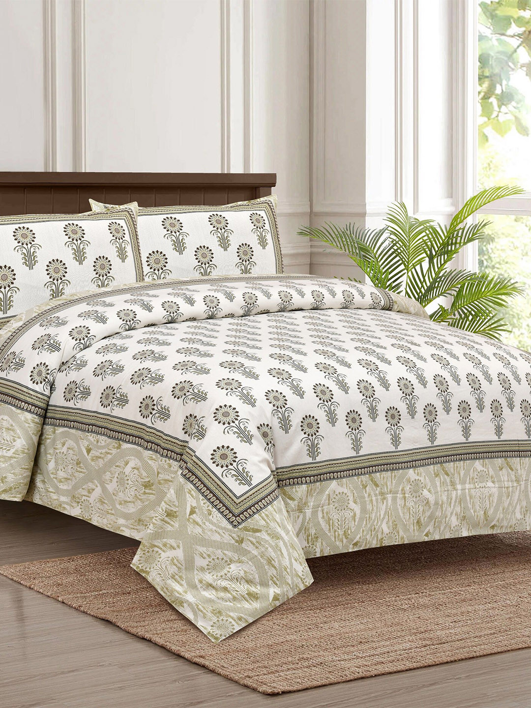 Stylespace by Isha White & Green Floral Pure Cotton 250 TC King Bedsheet & 2 Pillow Covers
Stylespace by Isha White & Green Floral Pure Cotton 250 TC King Bedsheet & 2 Pillow Covers