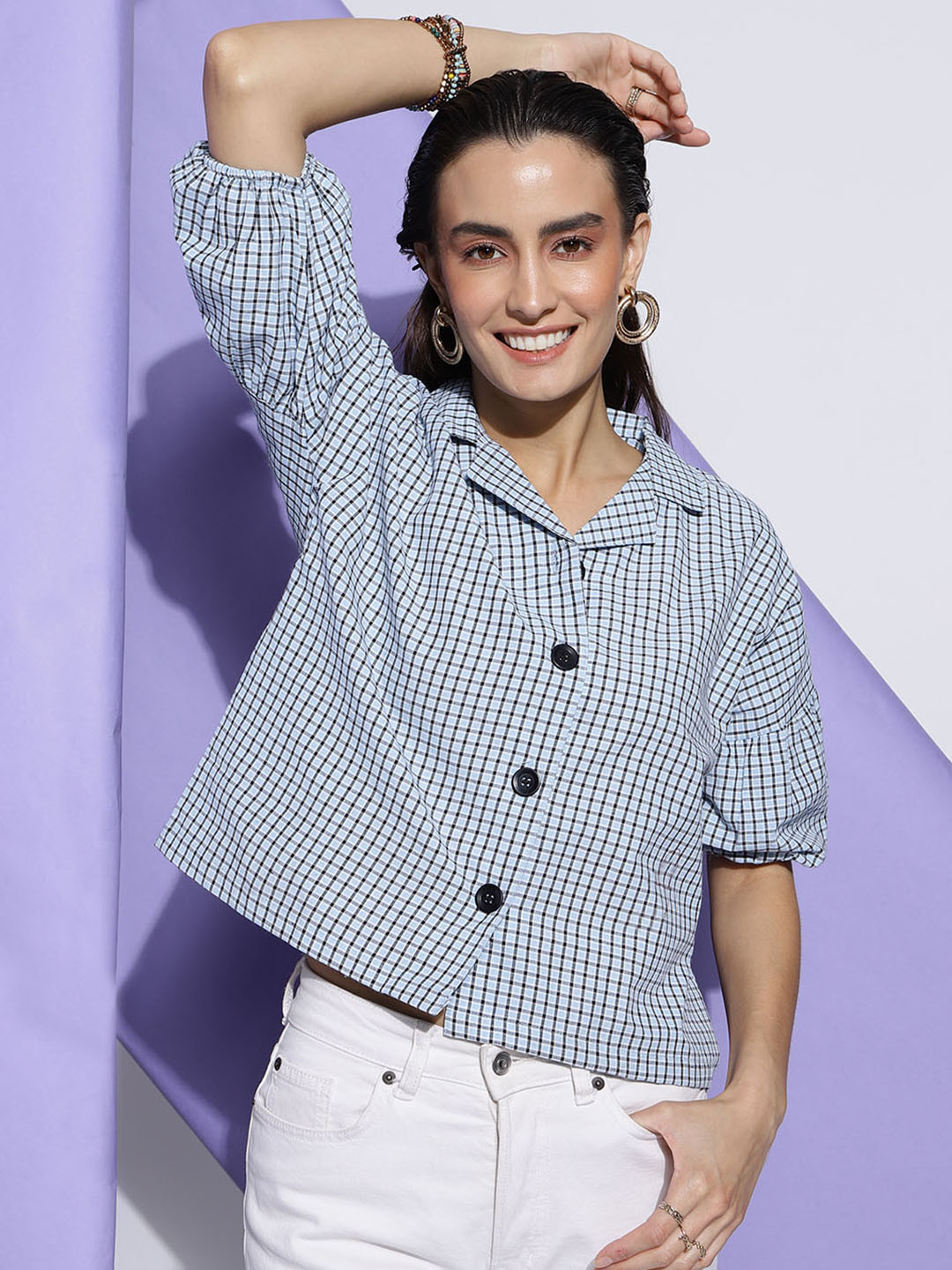 CLEMIRA Checked Shirt Collar Puff Sleeve Knitted Casual Shirt Style Top, Turquoise blue
CLEMIRA Checked Shirt Collar Puff Sleeve Knitted Casual Shirt Style Top, Turquoise blue