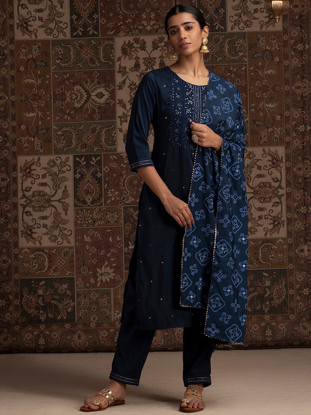 Indo Era Navy Blue Floral Yoke Design Sequined Straight Kurta With Trousers And Dupatta
Indo Era Navy Blue Floral Yoke Design Sequined Straight Kurta With Trousers And Dupatta