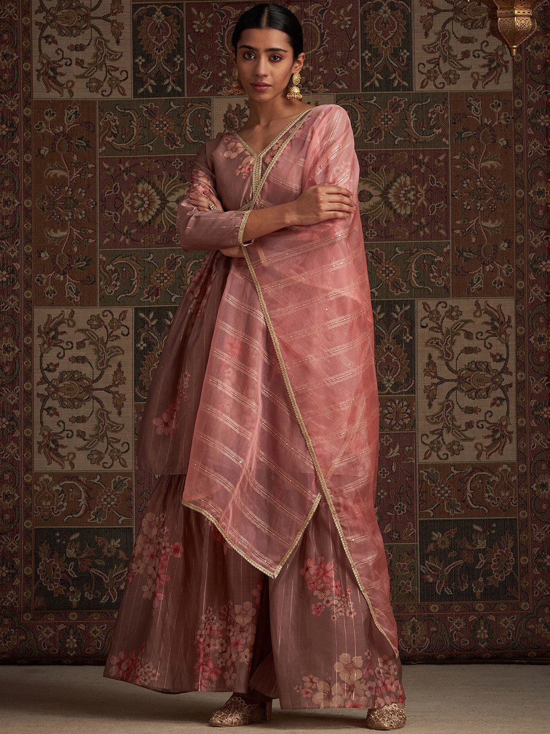 Indo Era Floral Printed Empire Sequinned Chanderi Silk Kurta & Sharara With Dupatta, Brown 
Indo Era Floral Printed Empire Sequinned Chanderi Silk Kurta & Sharara With Dupatta, Brown