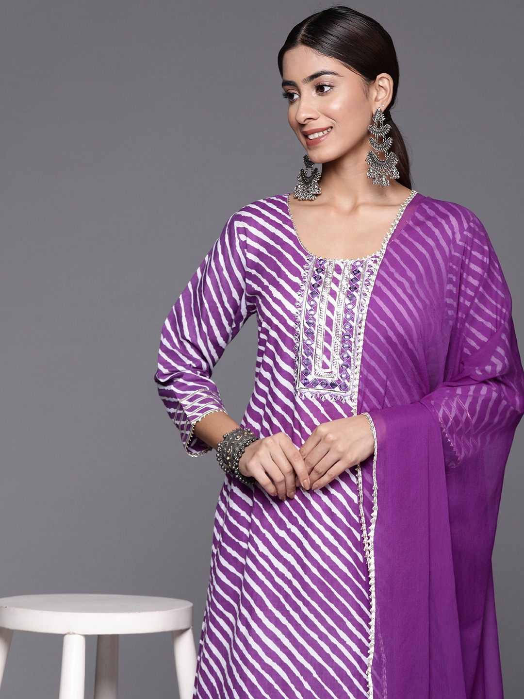 Varanga Women Leheriya Printed Mirror Work Pure Cotton Kurta with Trousers & With Dupatta, Purple
Varanga Women Leheriya Printed Mirror Work Pure Cotton Kurta with Trousers & With Dupatta, Purple