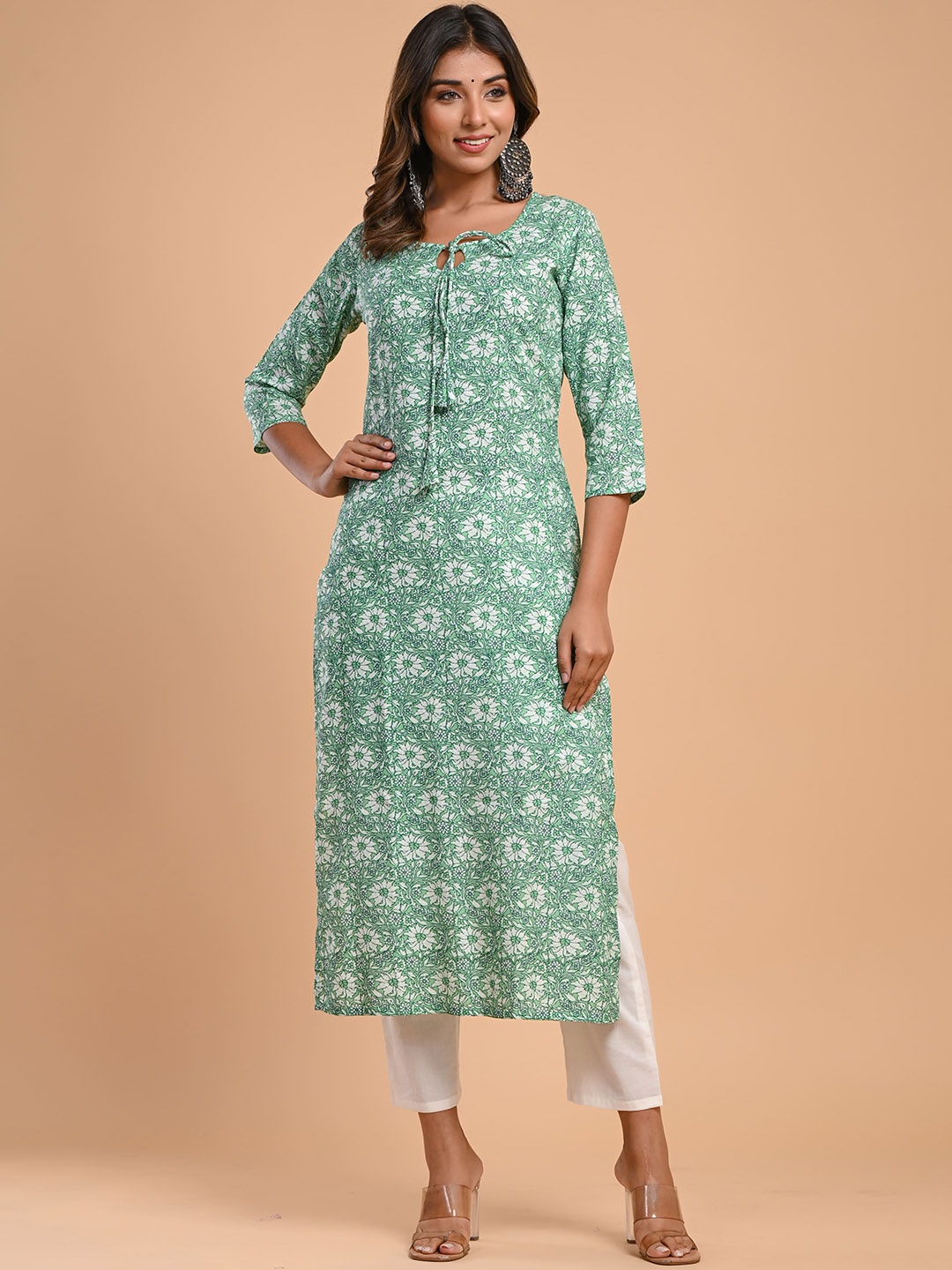 Aasiya Floral Printed Tie Up Neck Kurta, Green