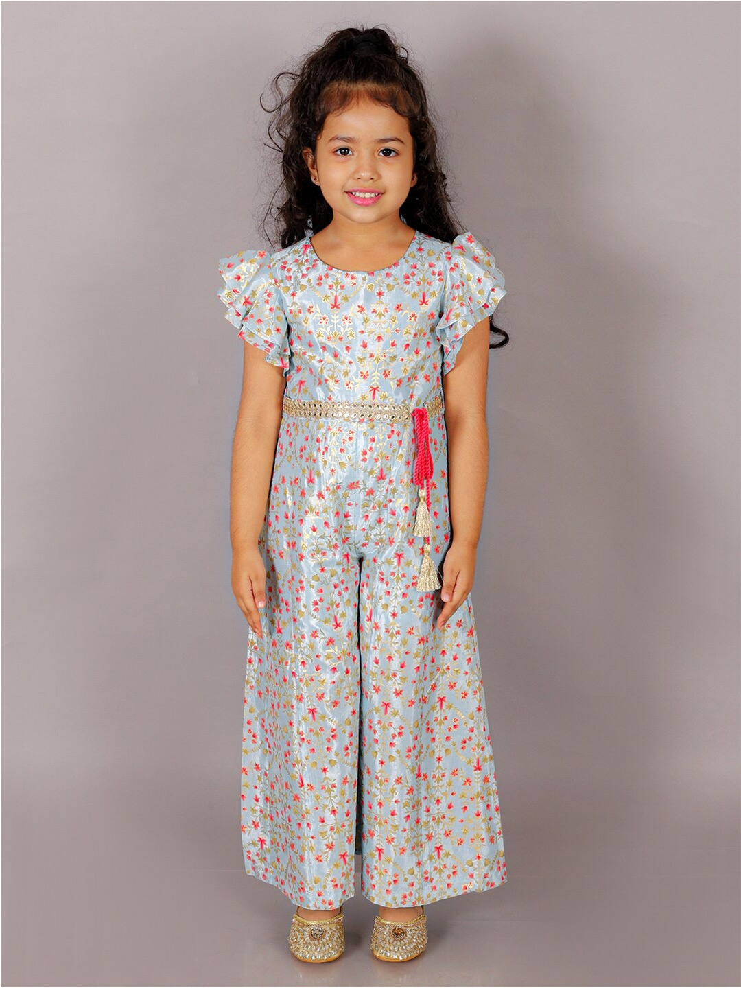 LIL DRAMA Girls Floral Printed Cotton Basic Jumpsuit, Blue