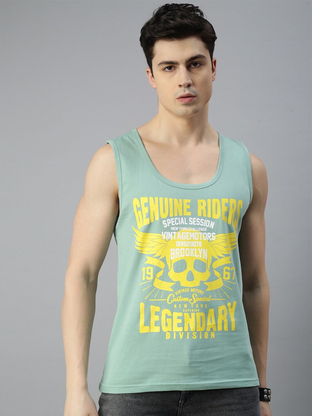 BLACK RADIO Typography Printed Scoop Neck Sleeveless Regular fit Pure Cotton T-shirt, Sea green
BLACK RADIO Typography Printed Scoop Neck Sleeveless Regular fit Pure Cotton T-shirt, Sea green