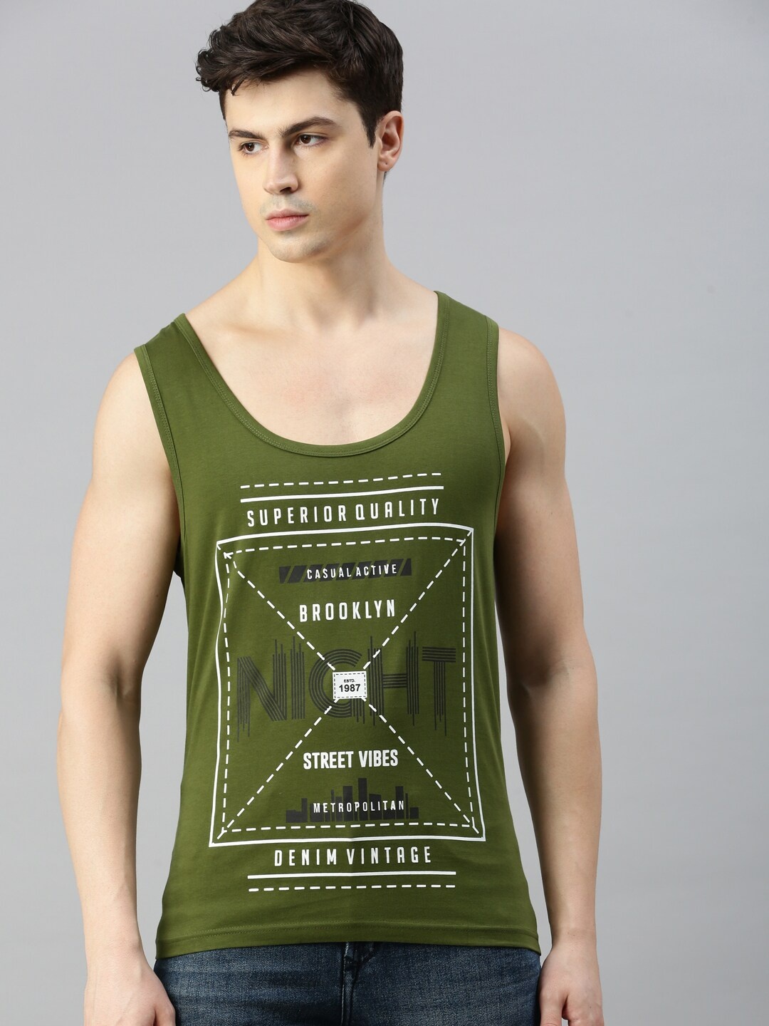 BLACK RADIO Typography Printed Scoop Neck Sleeveless Regular fit Pure Cotton T-shirt, Olive
BLACK RADIO Typography Printed Scoop Neck Sleeveless Regular fit Pure Cotton T-shirt, Olive