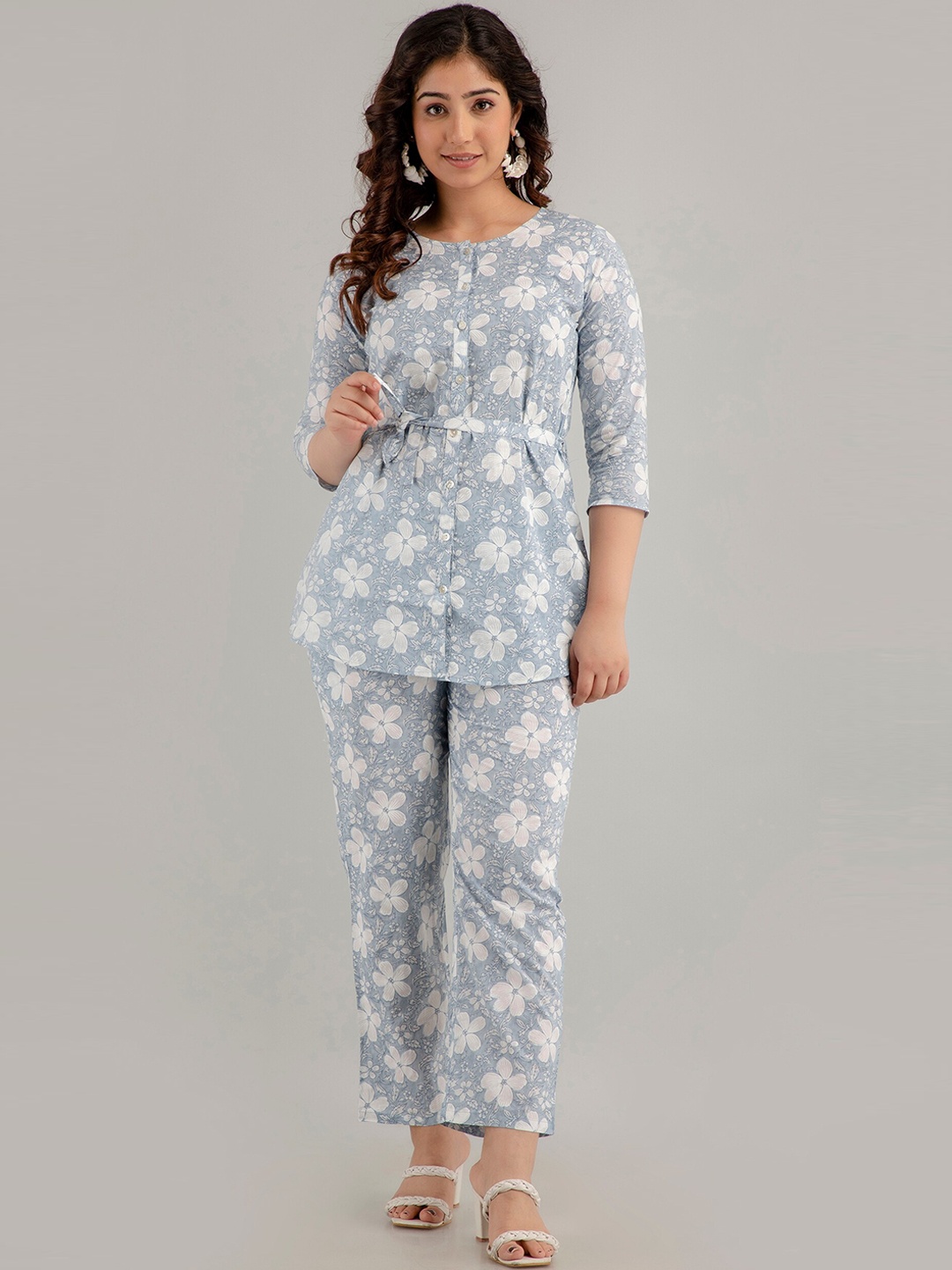 CKM Floral Printed Pure Cotton Top With Trousers, Grey