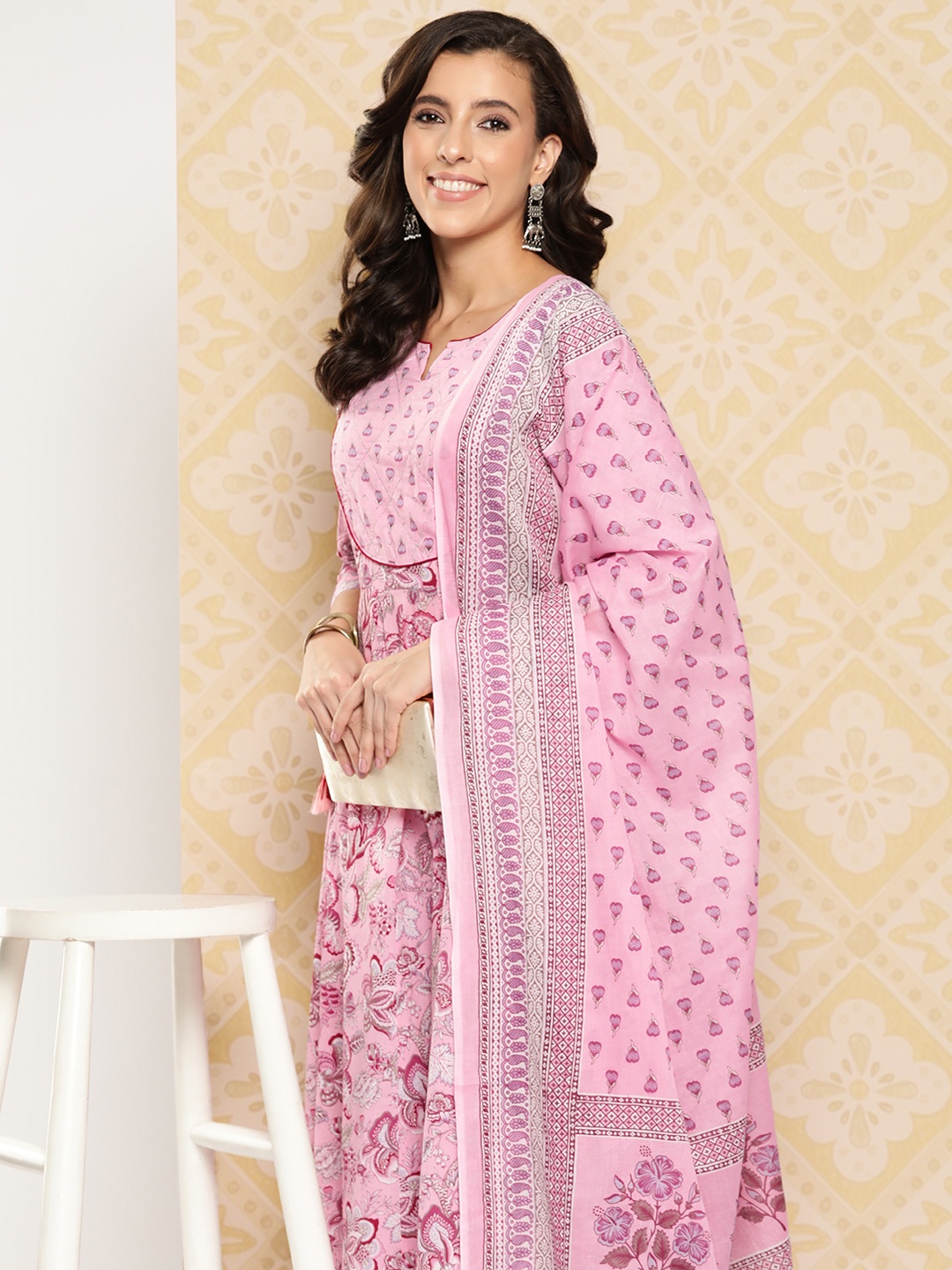 Yufta Floral Printed Anarkali Sequinned Pure Cotton Kurta with Trousers & Dupatta, Pink
Yufta Floral Printed Anarkali Sequinned Pure Cotton Kurta with Trousers & Dupatta, Pink