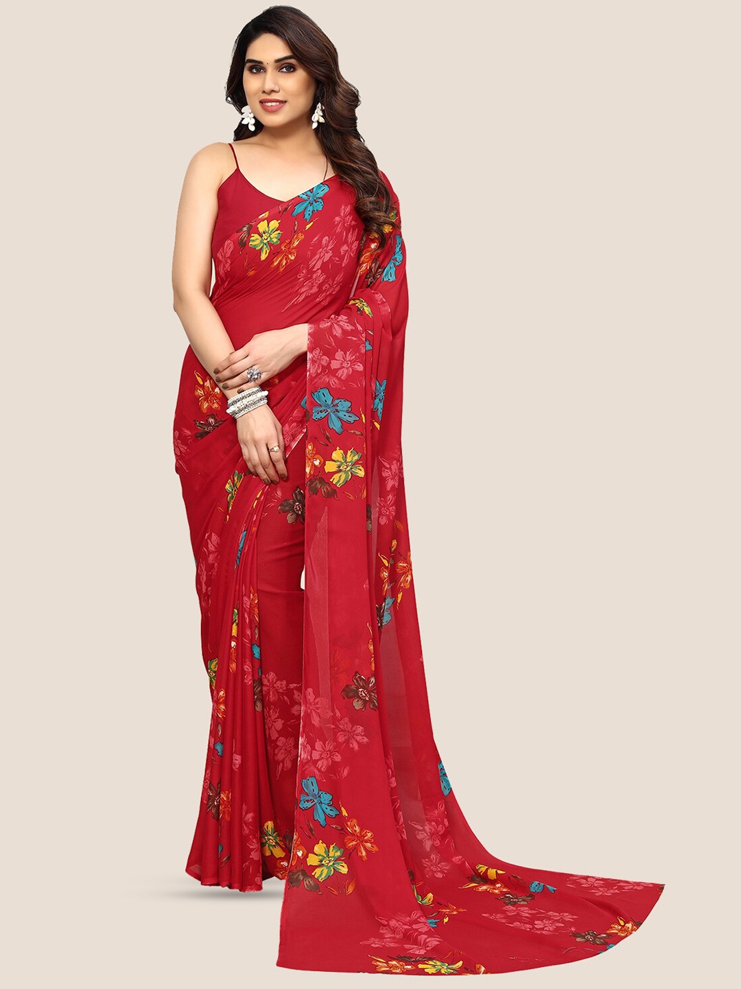 ANAND SAREES Floral Printed Pure Georgette Saree, Red
