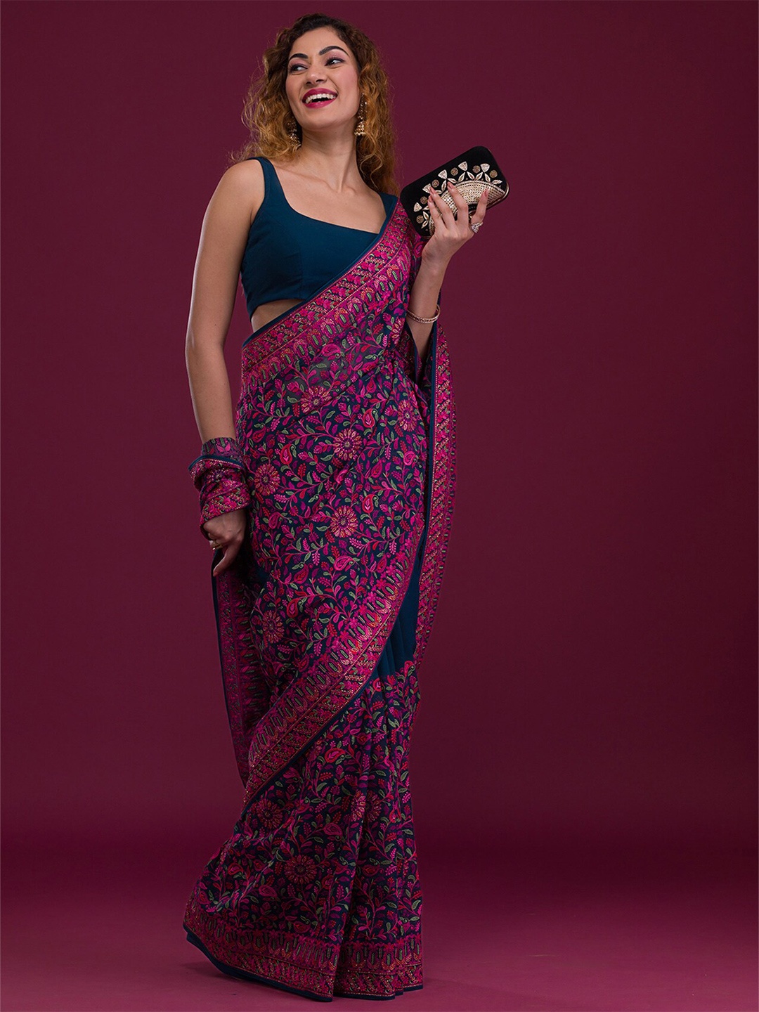 Koskii Paisley Embroidered Saree, Blue