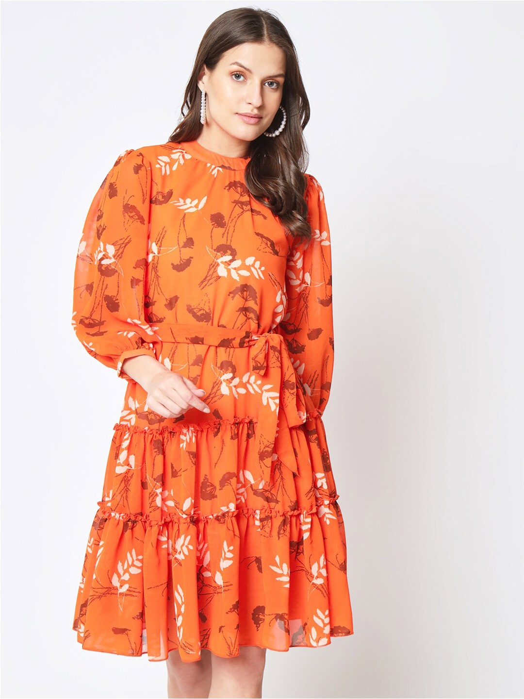 CUFFS N LASHES Floral Printed High Neck Bell Sleeve Tiered Fit & Flare Dress, Orange