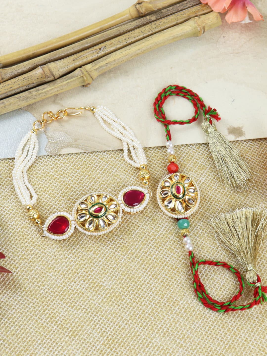 Asthetika Unisex Set Of 2 Kundan-studded & Beaded Bhaiya Bhabhi Rakhi With Bracelet, Gold
Asthetika Unisex Set Of 2 Kundan-studded & Beaded Bhaiya Bhabhi Rakhi With Bracelet, Gold