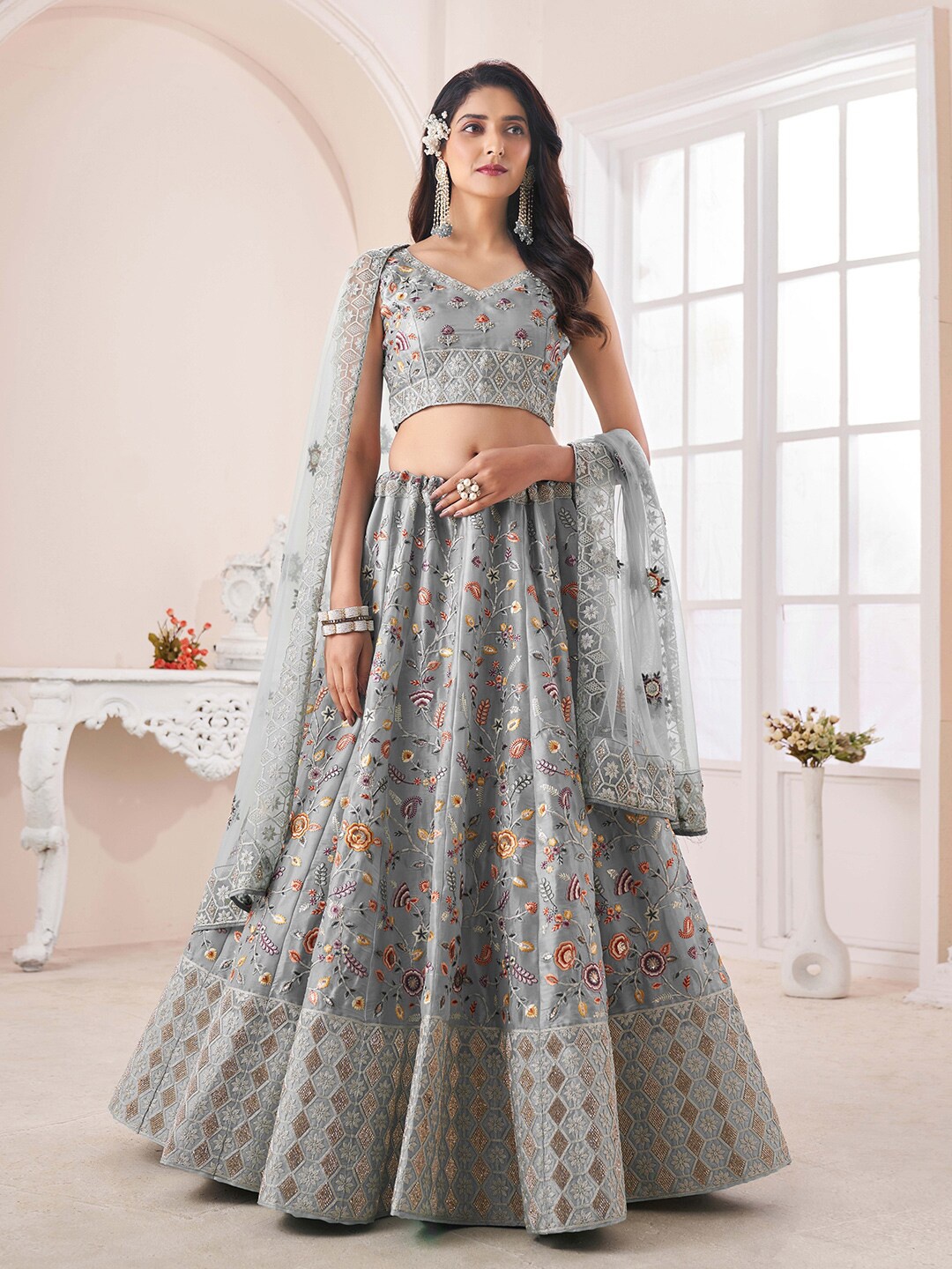 Fusionic Floral Embroidered Semi-Stitched Lehenga & Unstitched Blouse With Dupatta, Grey
Fusionic Floral Embroidered Semi-Stitched Lehenga & Unstitched Blouse With Dupatta, Grey