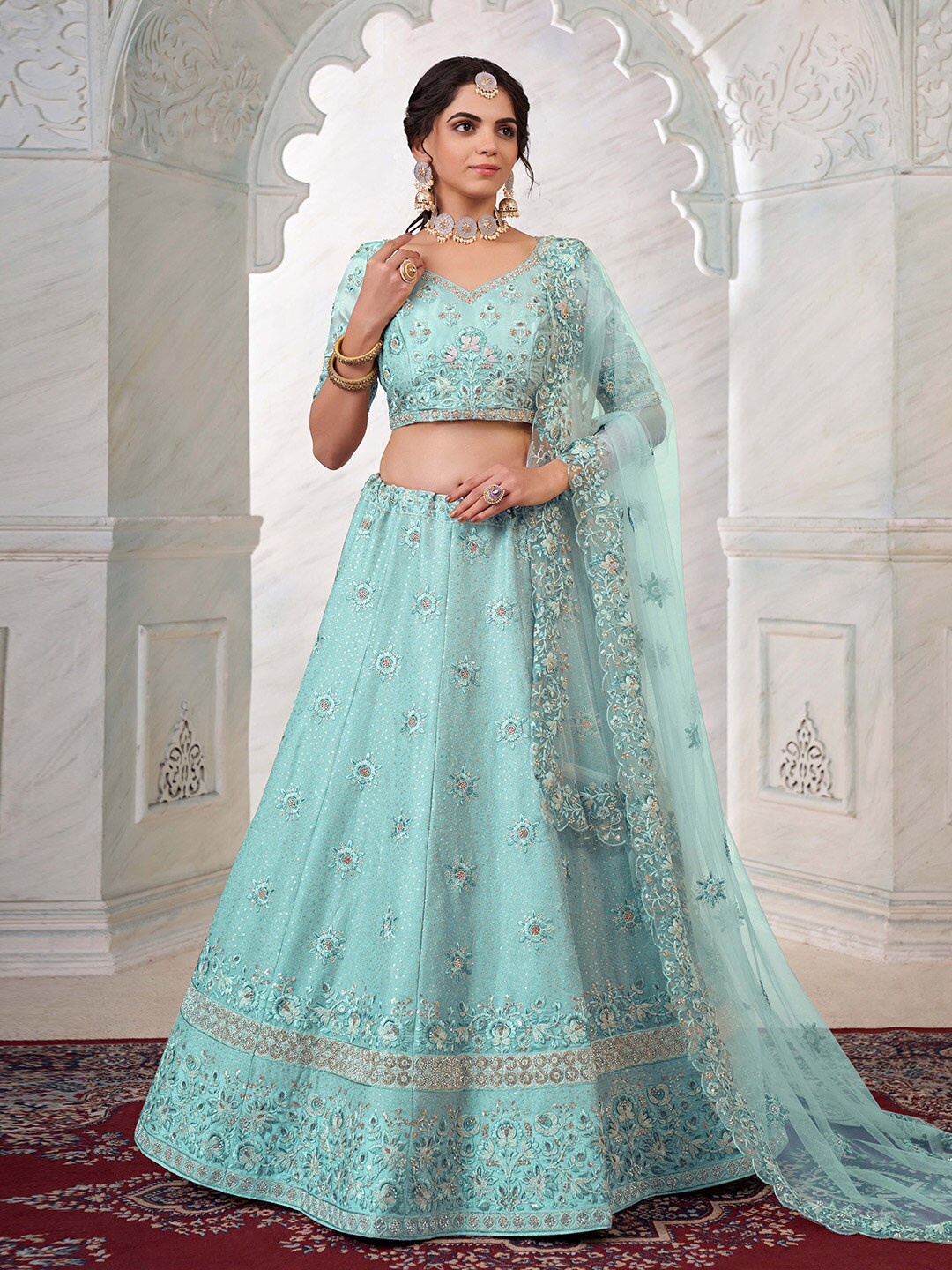 Fusionic Floral Embroidered Thread Work Semi-Stitched Lehenga & Unstitched Blouse With, Turquoise blue
Fusionic Floral Embroidered Thread Work Semi-Stitched Lehenga & Unstitched Blouse With, Turquoise blue