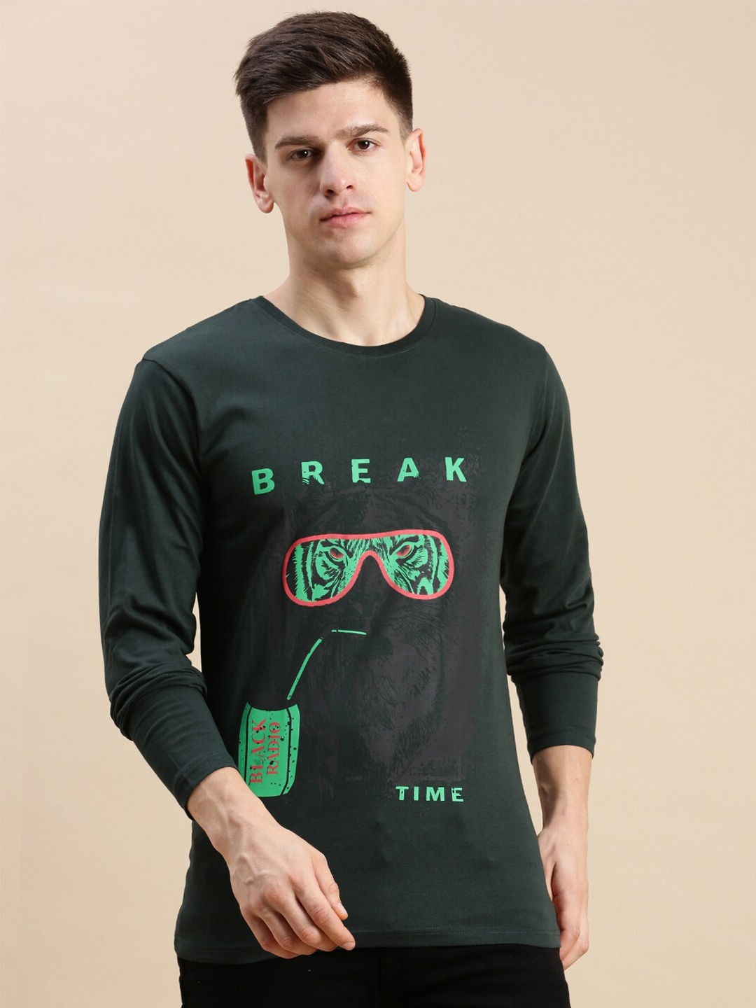 BLACK RADIO Graphic Printed Pure Cotton T-shirt, Green