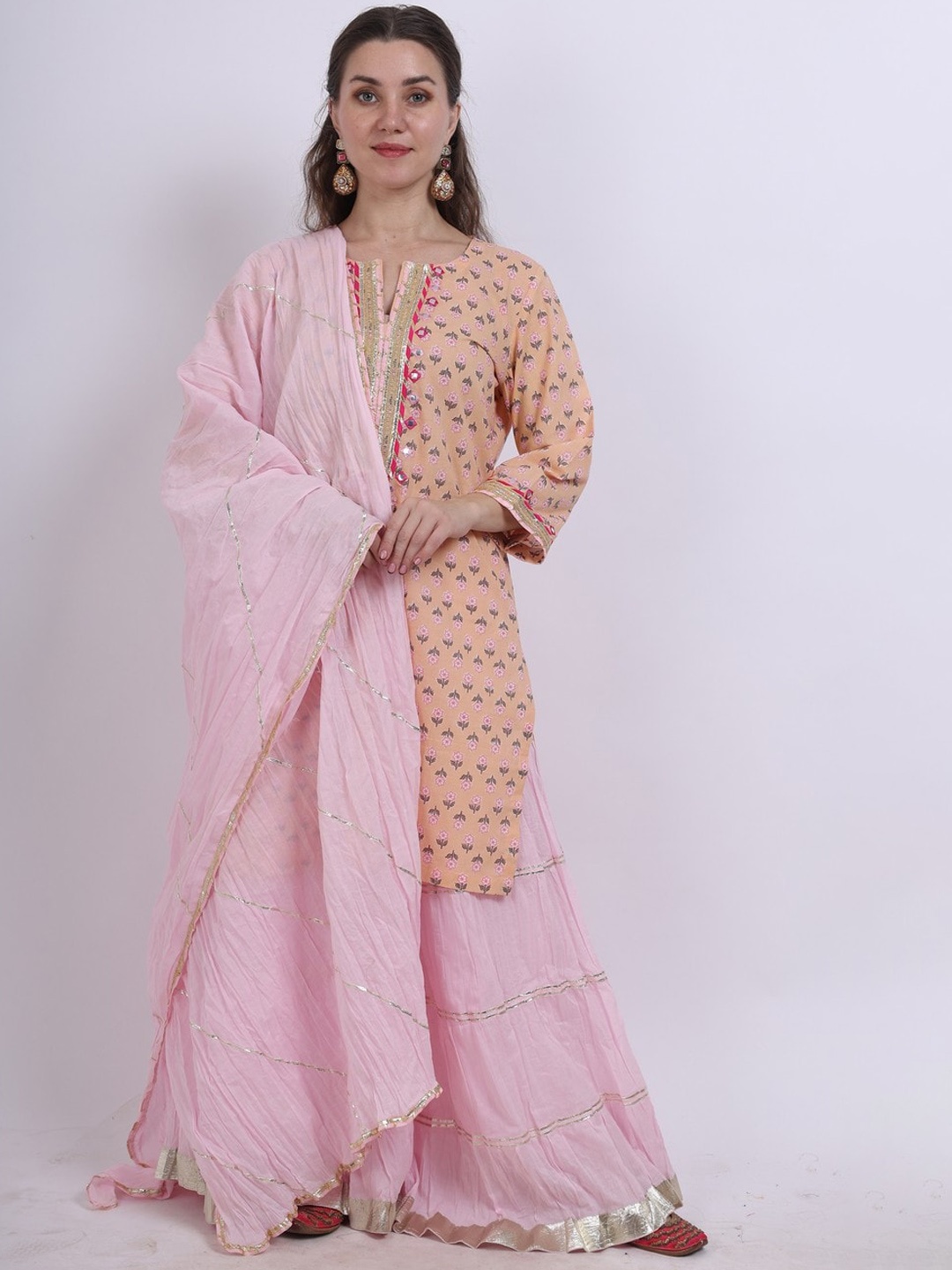 Spring Soul Floral Printed Regular Gotta Patti Pure Cotton Kurta with Sharara & Dupatta, Pink
Spring Soul Floral Printed Regular Gotta Patti Pure Cotton Kurta with Sharara & Dupatta, Pink