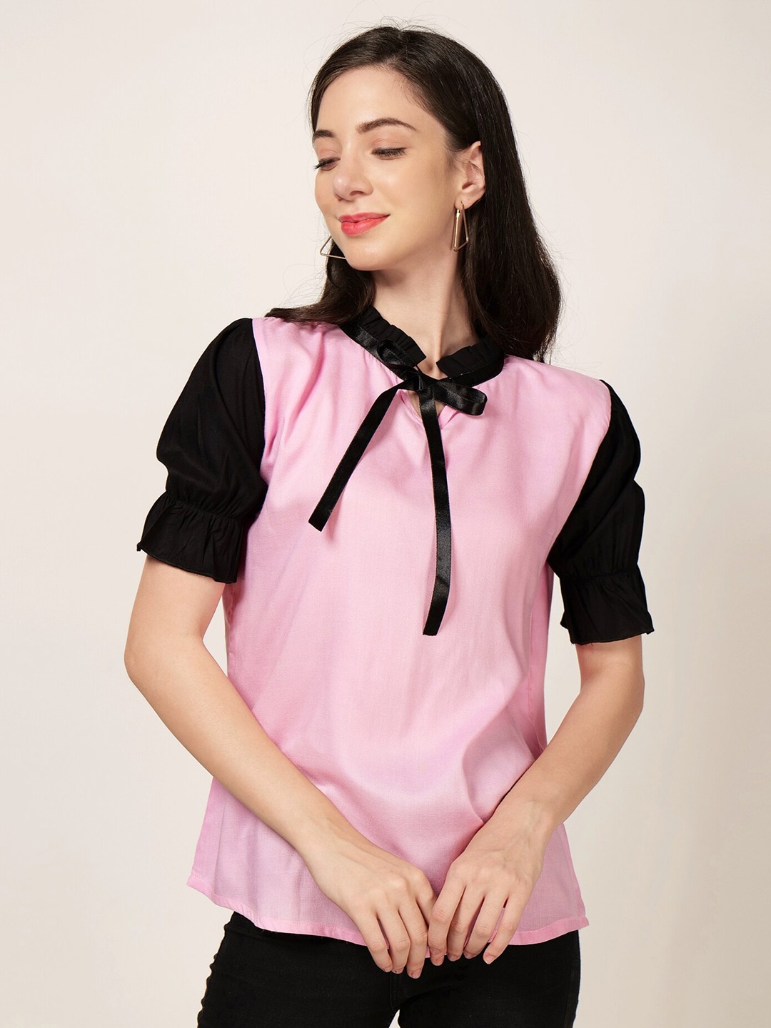 PATRORNA Tie-Up Neck Puff Sleeves Casual Top, Pink