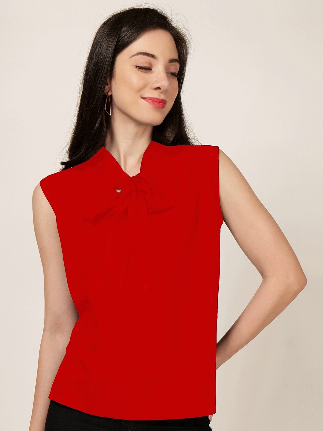 PATRORNA Tie Up Neck Regular Top, Red