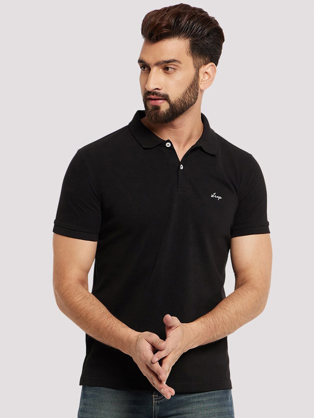 STROP Polo Collar Cotton T-shirt, Black