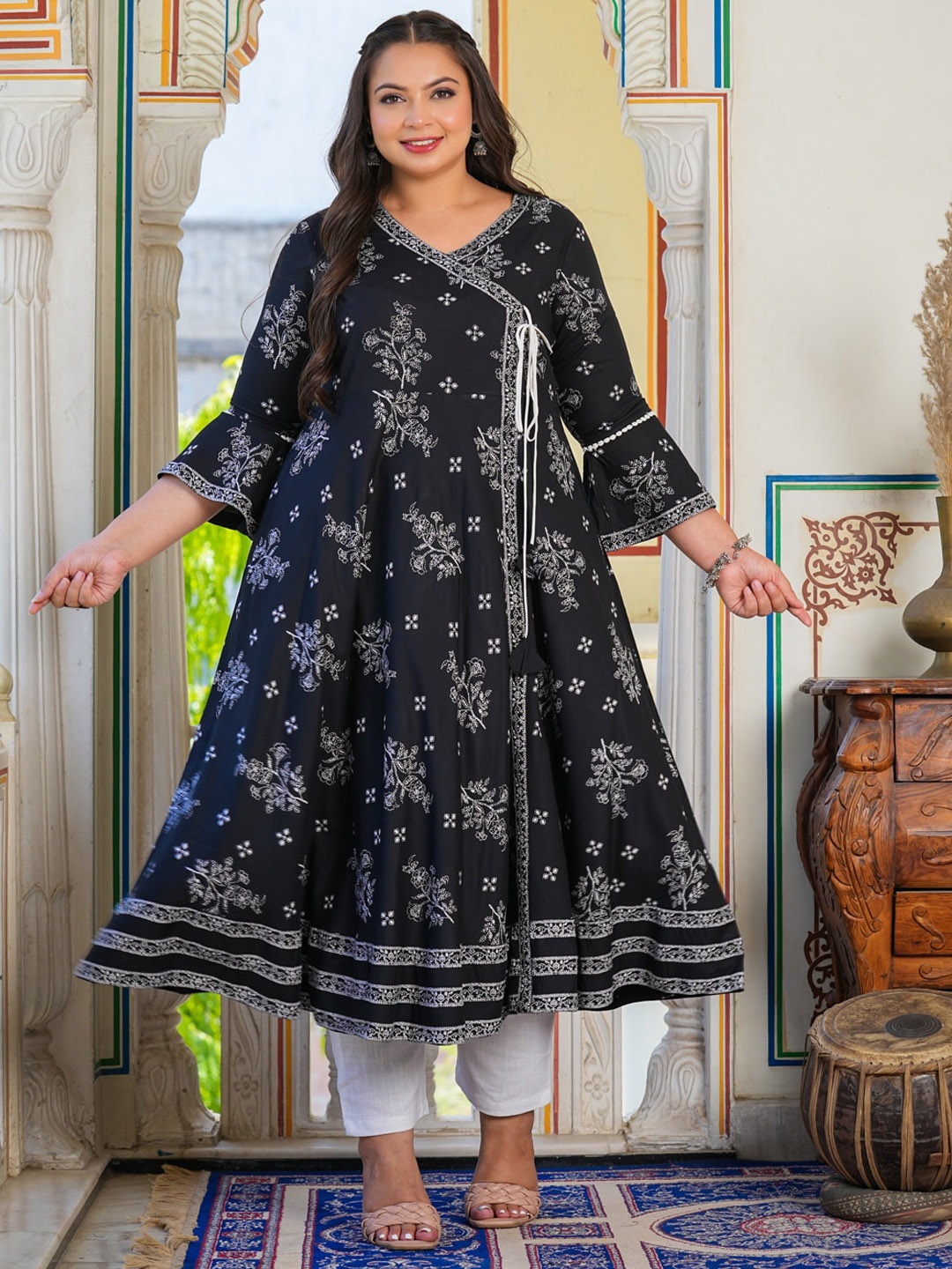 YASH GALLERY Plus Size Floral Embroidered Bell Sleeves Thread Work Angrakha A-Line Kurta, Black
YASH GALLERY Plus Size Floral Embroidered Bell Sleeves Thread Work Angrakha A-Line Kurta, Black