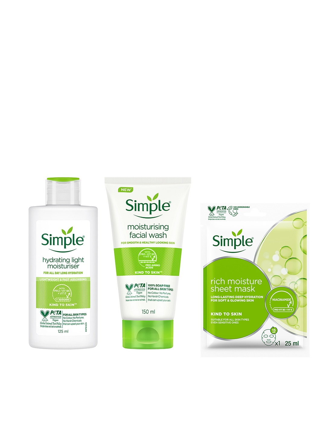 Simple Kind To Skin Moisturiser 125ml + Face Wash 150ml + Rich Moisture Sheet Mask 25ml, Green
Simple Kind To Skin Moisturiser 125ml + Face Wash 150ml + Rich Moisture Sheet Mask 25ml, Green