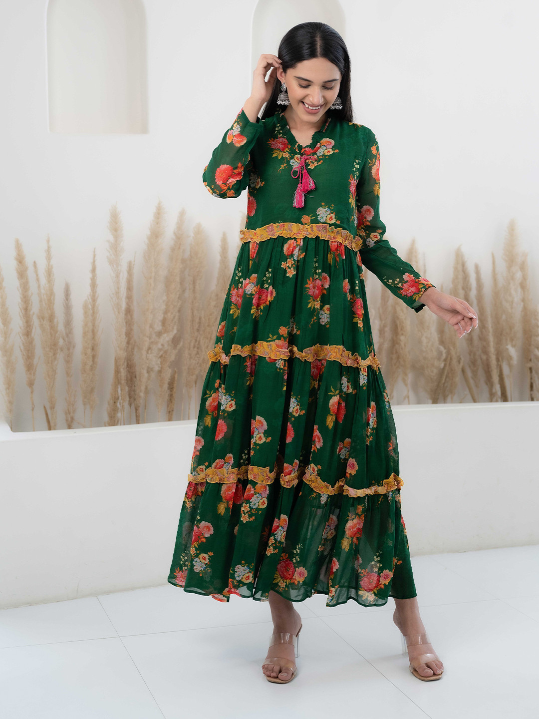 Sangria Floral Printed Tie-Up Neck Georgette Fit and Flare Maxi Ethnic Dress, Green 
Sangria Floral Printed Tie-Up Neck Georgette Fit and Flare Maxi Ethnic Dress, Green