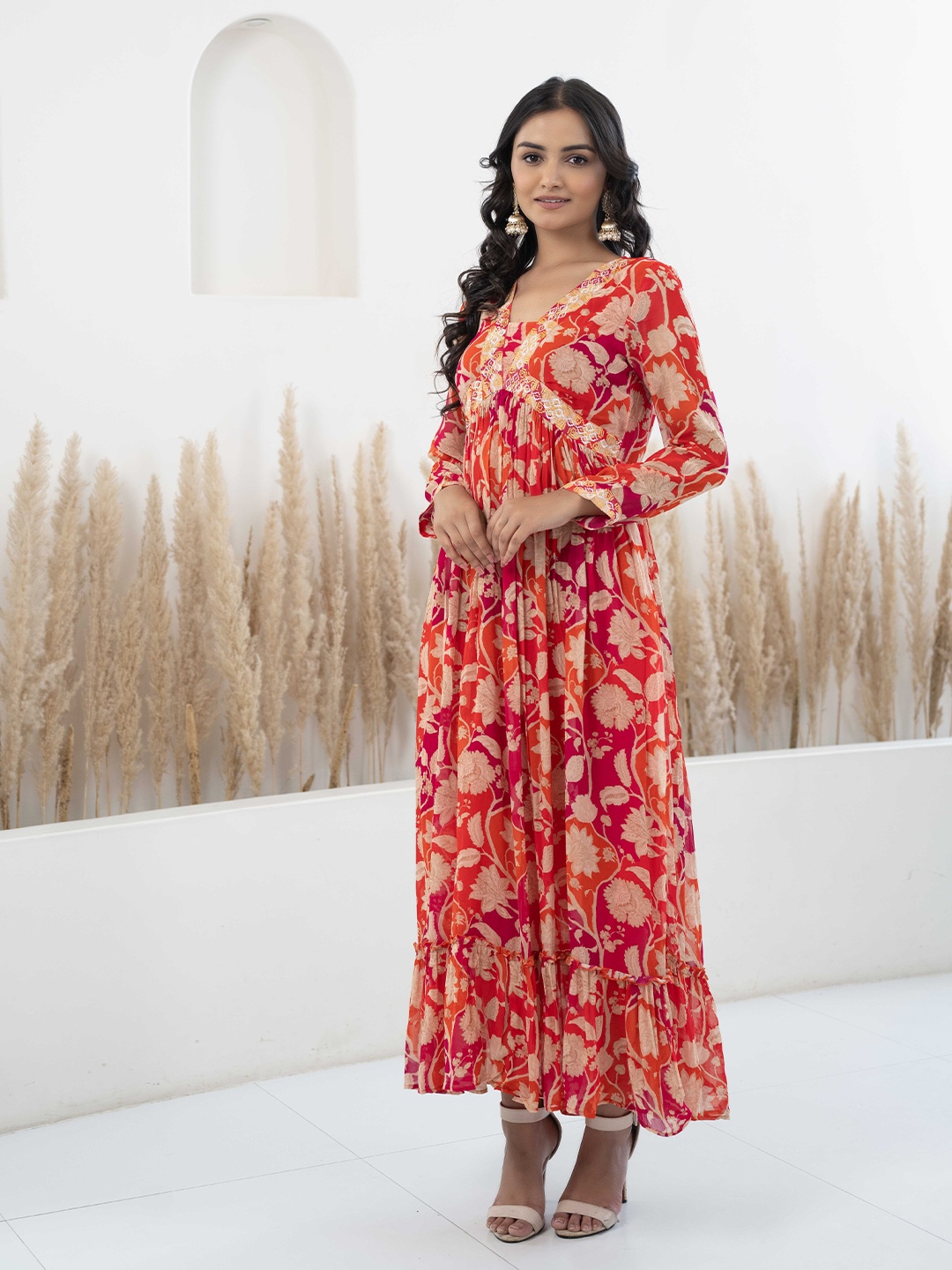 Sangria V Neck Floral Printed Pleated Empire Maxi Ethnic Dress, Orange