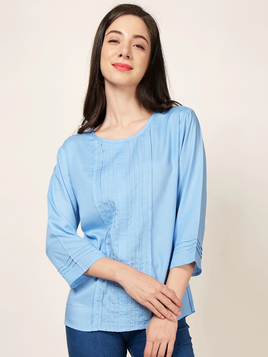 PATRORNA Round Neck Cotton Pleated Top, Blue