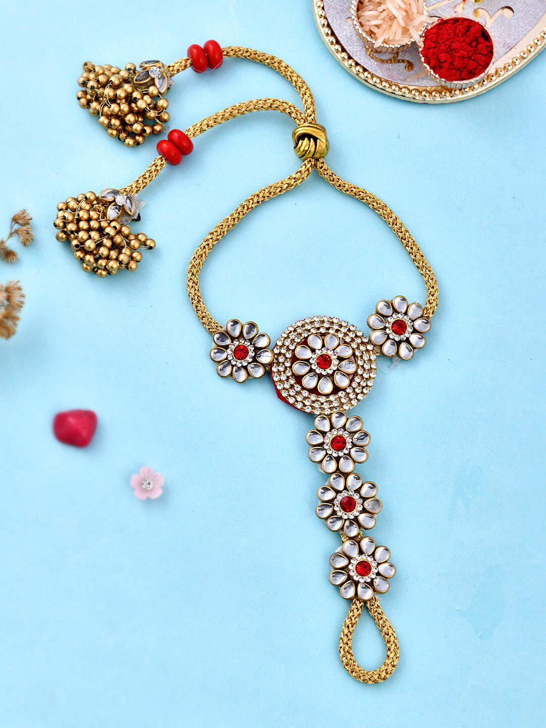 Aapno Rajasthan Unisex Set Of 4 Kundan & Beads Wristlet Rakhi With Extended Ghungroo, Gold
Aapno Rajasthan Unisex Set Of 4 Kundan & Beads Wristlet Rakhi With Extended Ghungroo, Gold
