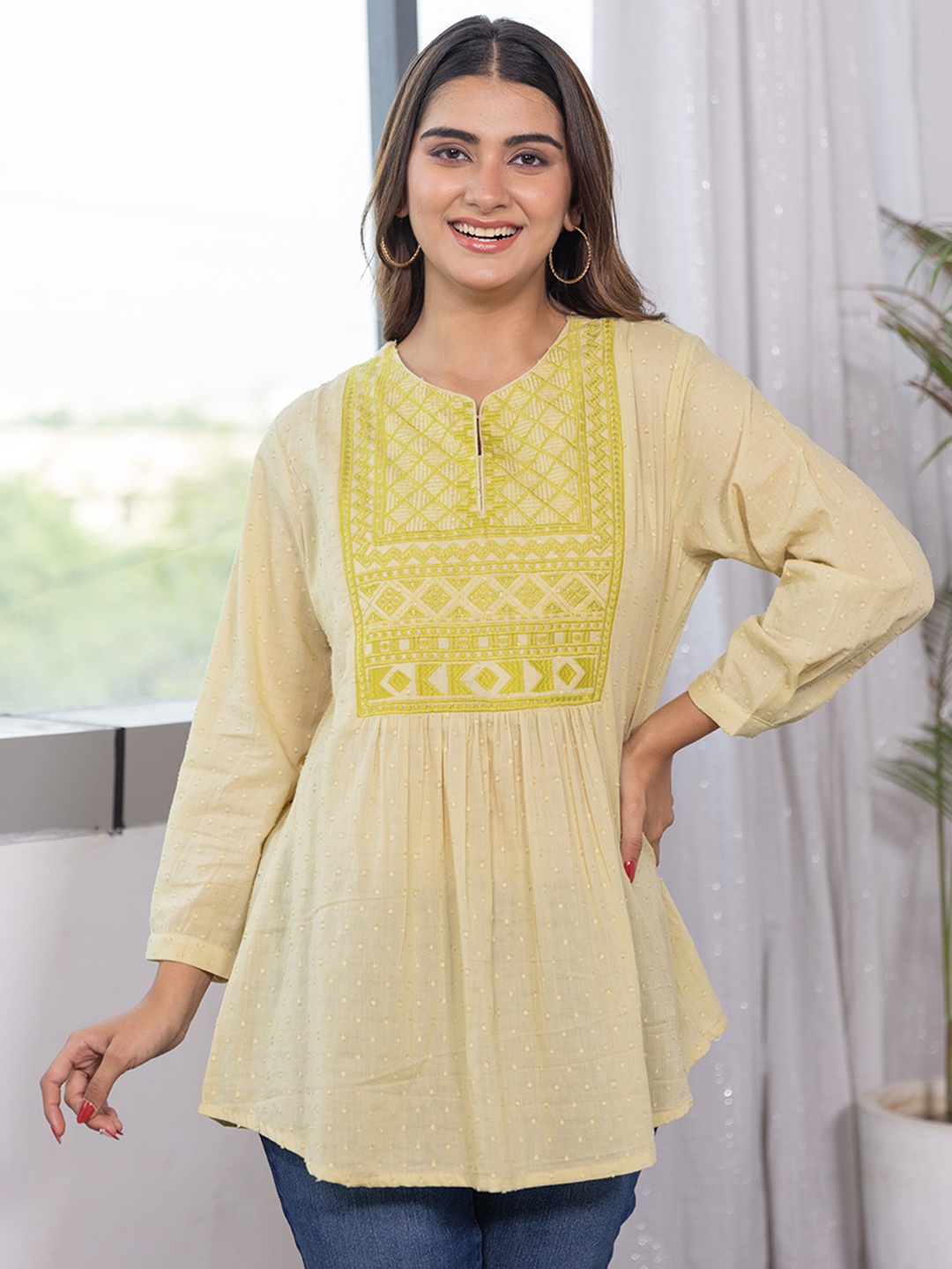Aadews Geometric Embroidered Round Neck Long Sleeves Gathered Cotton A-Line Top, Lime green
Aadews Geometric Embroidered Round Neck Long Sleeves Gathered Cotton A-Line Top, Lime green