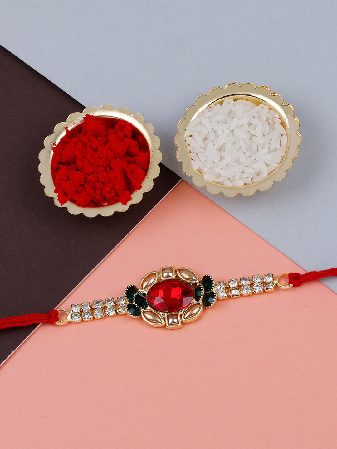 Silver Shine Set of 2 Bhaiya Bhabhi Rakhi With Roli Chawal Greeting Card Pooja Thali, Red
Silver Shine Set of 2 Bhaiya Bhabhi Rakhi With Roli Chawal Greeting Card Pooja Thali, Red