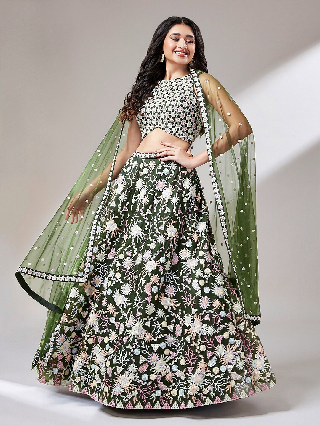 panchhi Embroidered Sequinned Semi-Stitched Lehenga & Unstitched Blouse With Dupatta, Olive
panchhi Embroidered Sequinned Semi-Stitched Lehenga & Unstitched Blouse With Dupatta, Olive