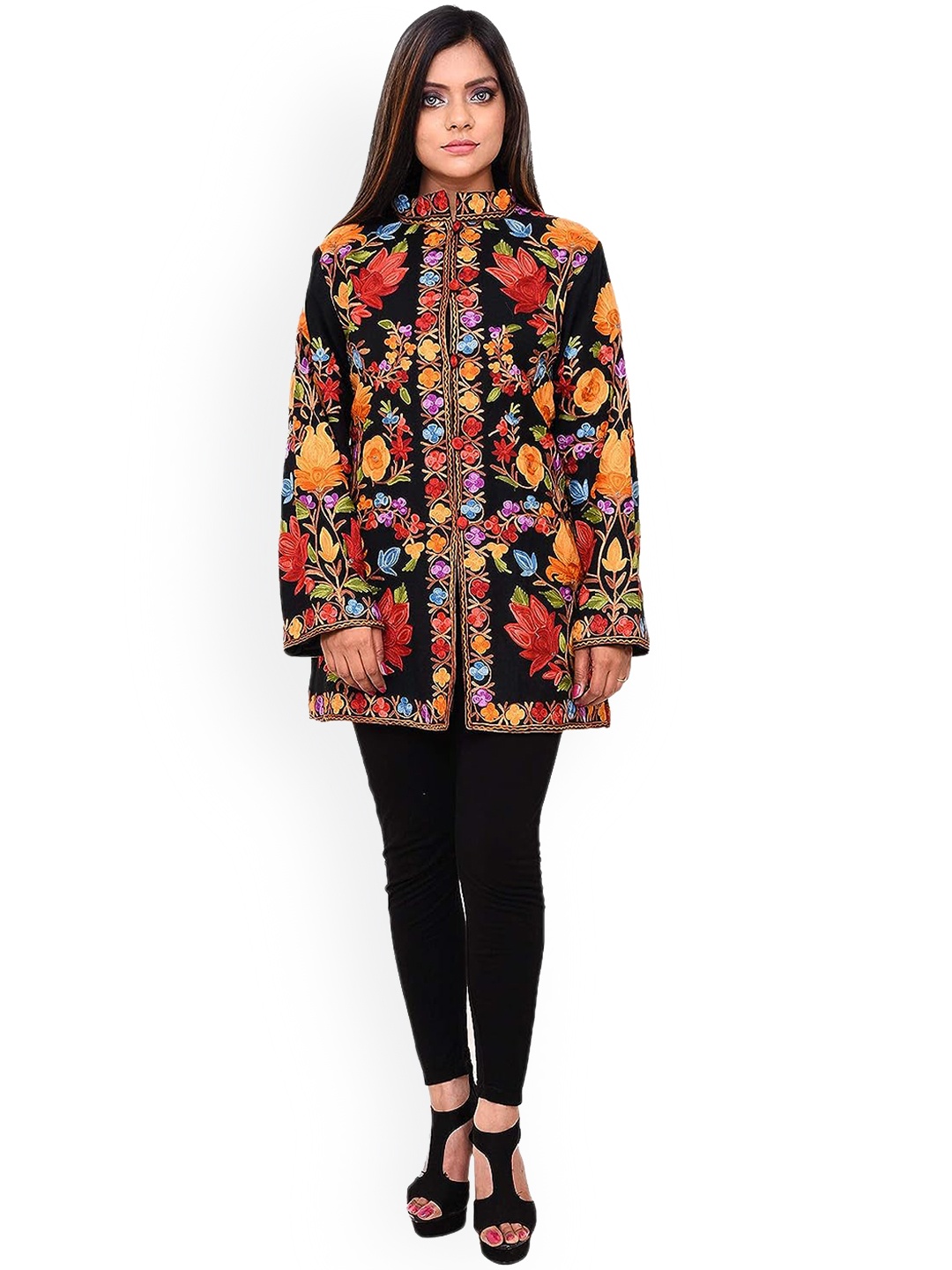 CRAFTBAZAR Floral Self Design Stand Collar Wool Longline Tailored Jacket with Embroidered, Black
CRAFTBAZAR Floral Self Design Stand Collar Wool Longline Tailored Jacket with Embroidered, Black