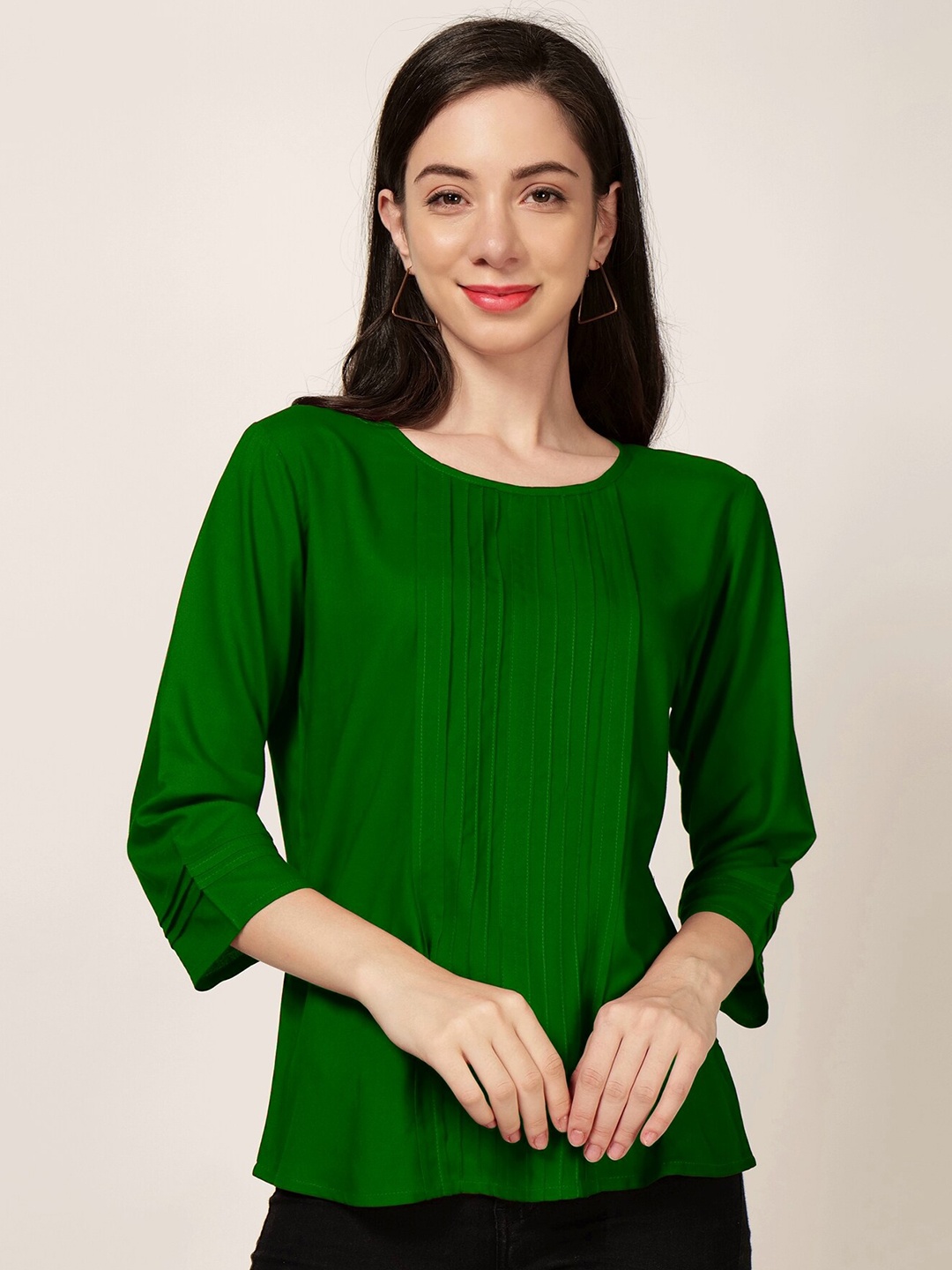 PATRORNA Round Neck Pleated Top, Green