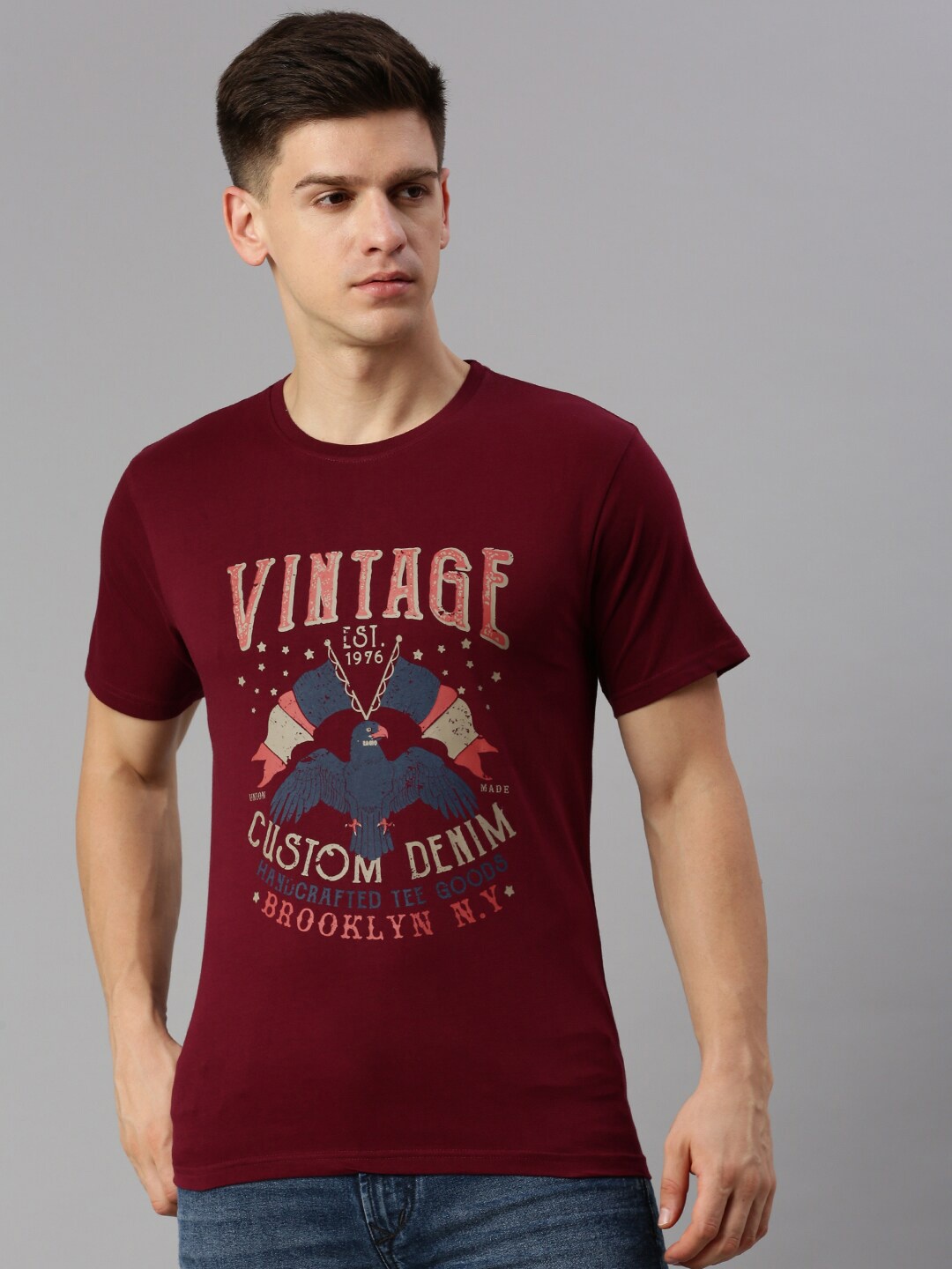 BLACK RADIO Typography Printed Round Neck Cotton T-Shirt, Maroon