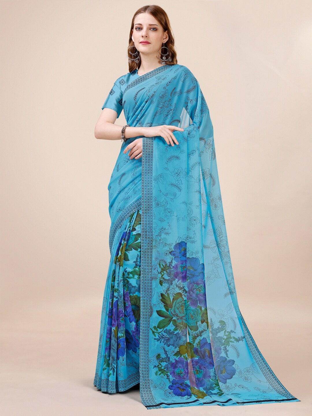 Dori Floral Printed Pure Georgette Saree, Blue