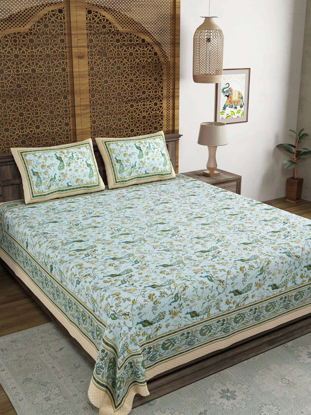 BLOCKS OF INDIA Blue Ethnic Motifs Cotton 210 TC King Bedsheet with 2 Pillow Covers