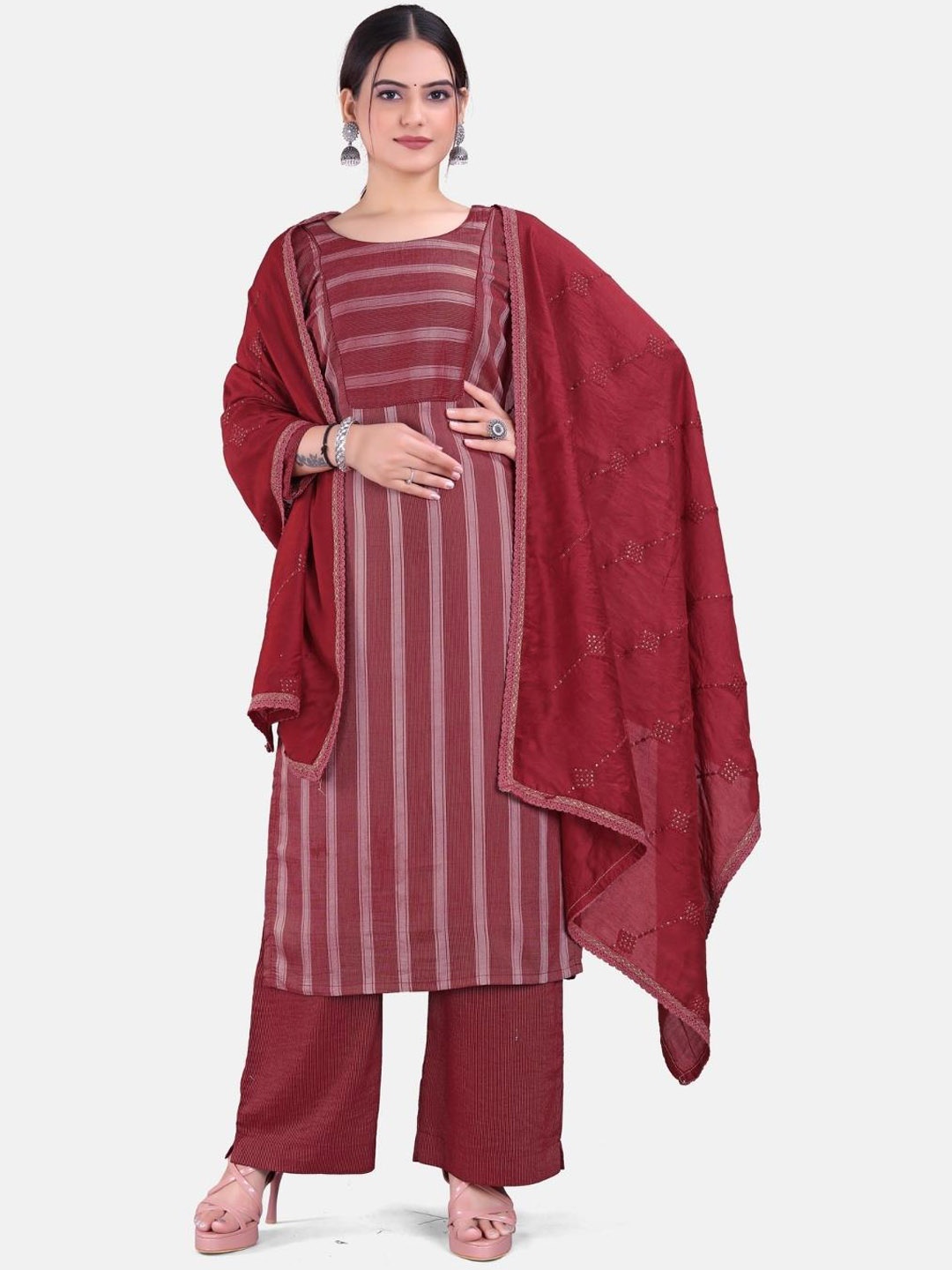 Pari THE FASHION STUDIO Striped Regular Sequinned Kurta With Palazzos & Dupatta, Red
Pari THE FASHION STUDIO Striped Regular Sequinned Kurta With Palazzos & Dupatta, Red