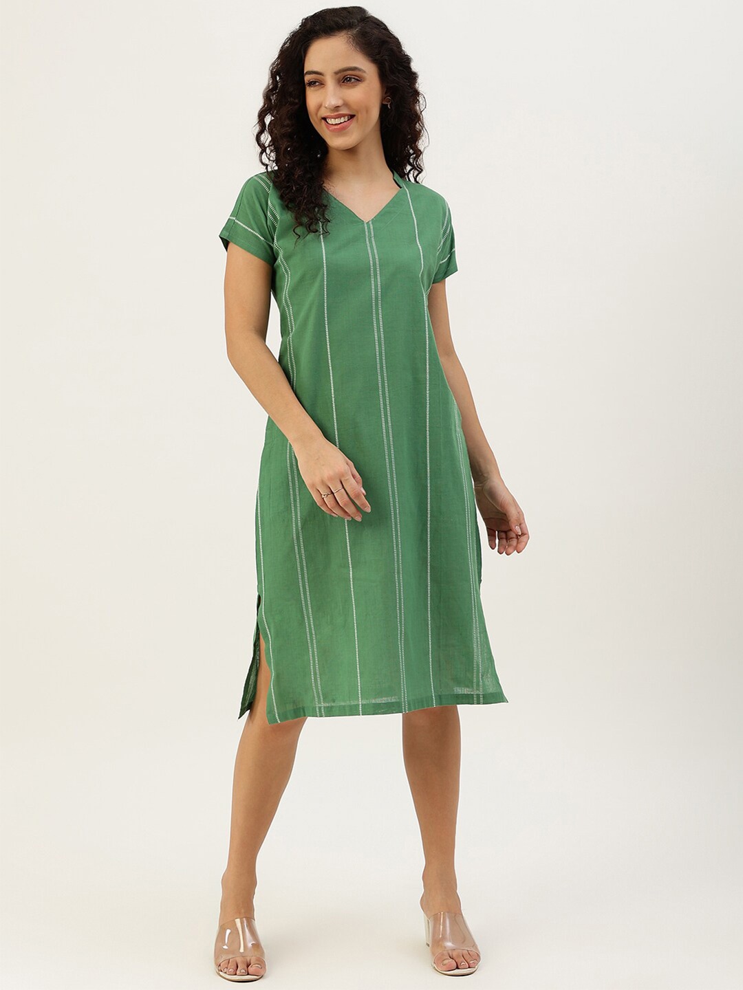Lokatita Striped Mandarin Collar A-Line Slit Cotton Dress, Green