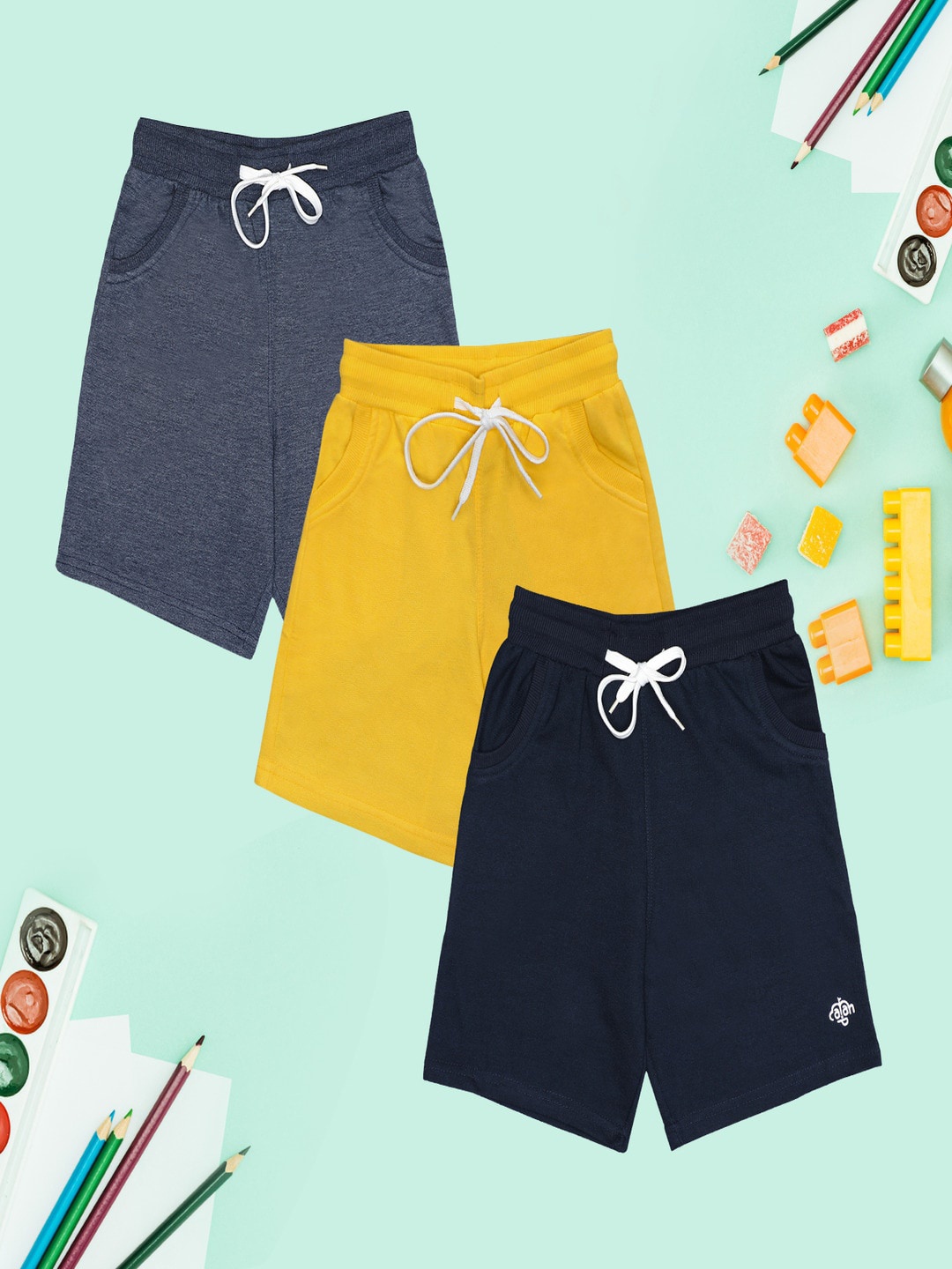 CHIMPRALA Boys Pack of 3 Mid-Rise Cotton Shorts, Navy blue