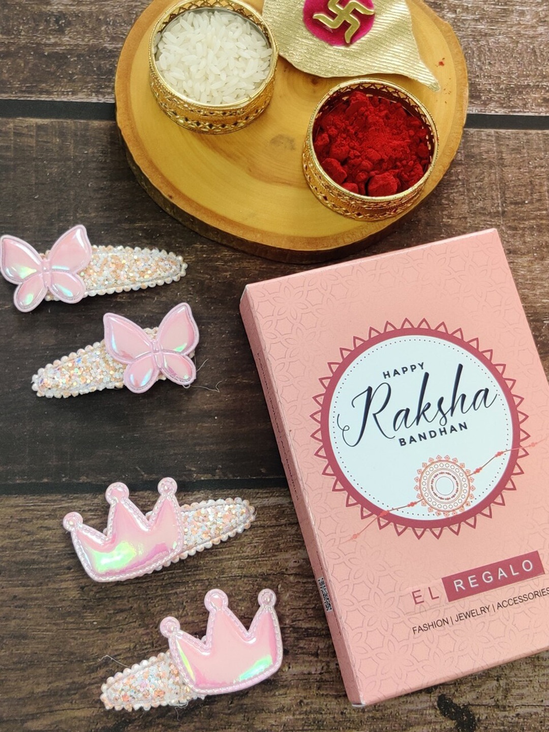 EL REGALO Girls 4 Piece Embellished Crown & Butterfly's Tic Tac Clip Rakhi Gift Set, Pink
EL REGALO Girls 4 Piece Embellished Crown & Butterfly's Tic Tac Clip Rakhi Gift Set, Pink
