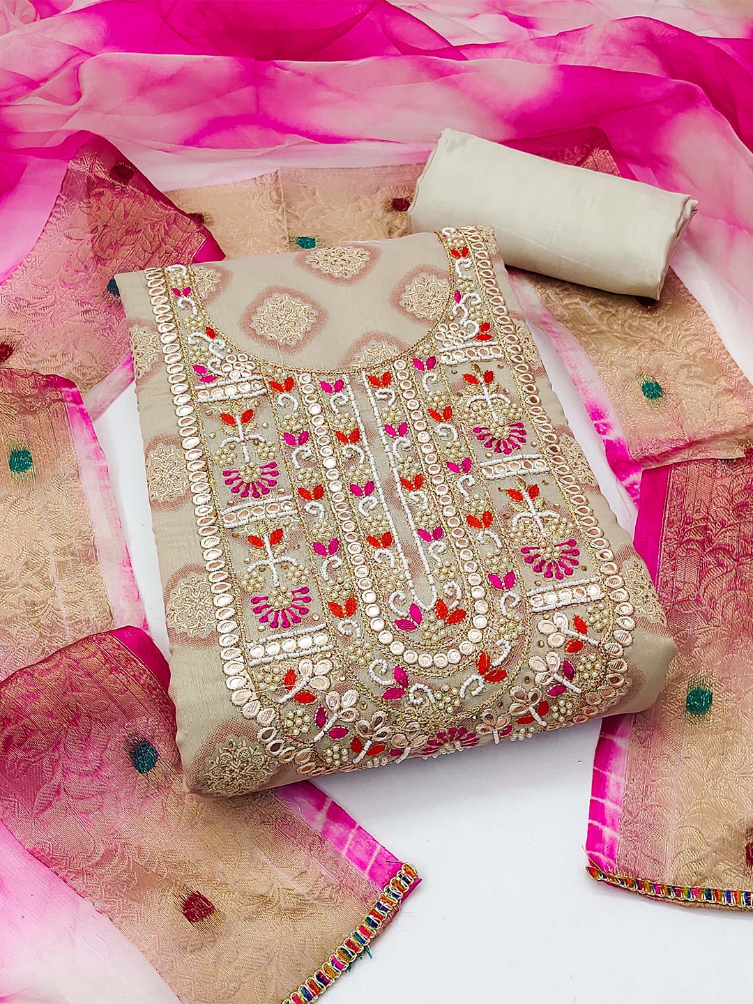 KALINI Embellished Unstitched Dress Material, Beige