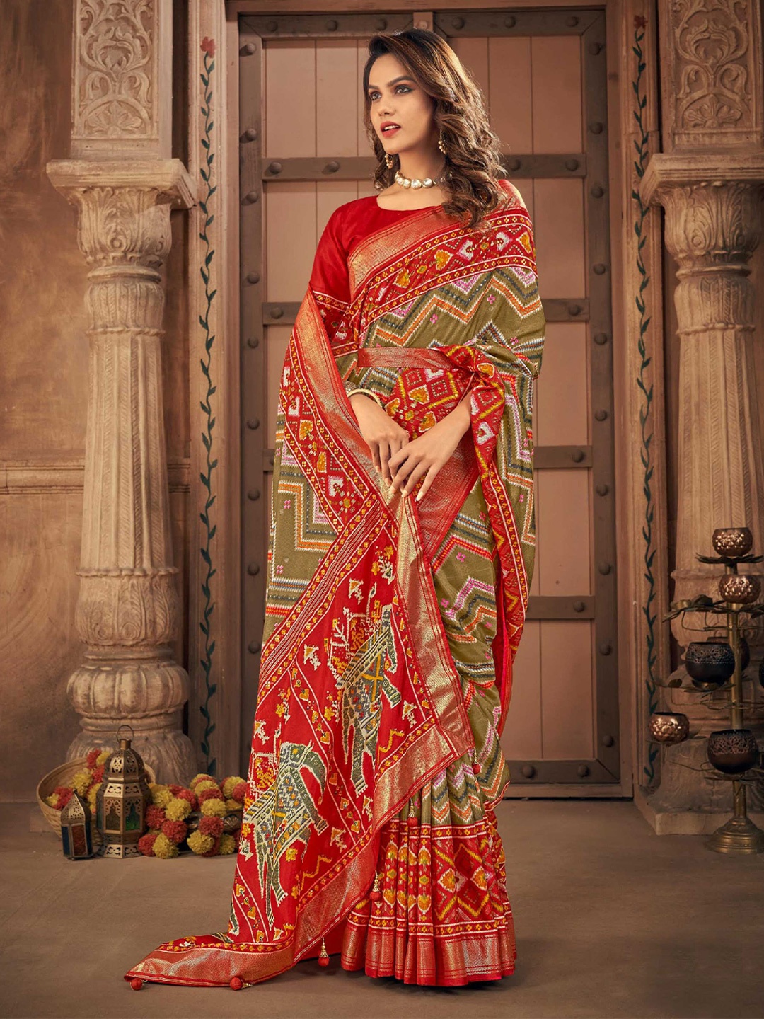 Mitera Olive Geometric Printed Zari Detailed Patola Saree