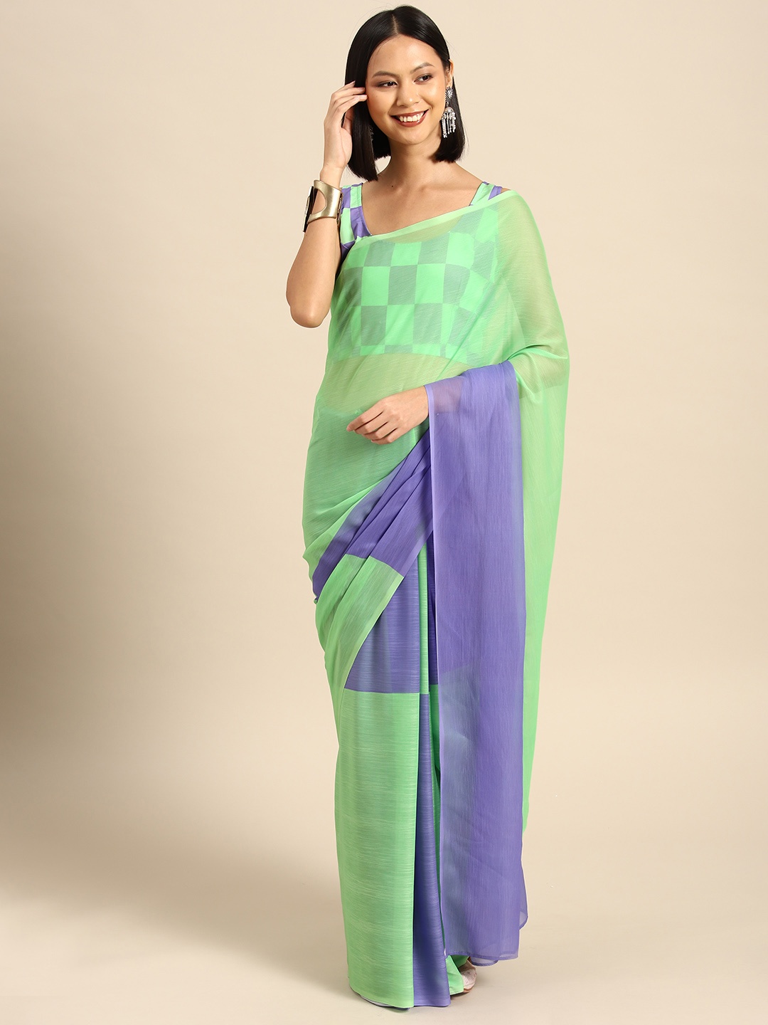 Ahalyaa Colourblocked Poly Chiffon Saree, Green
