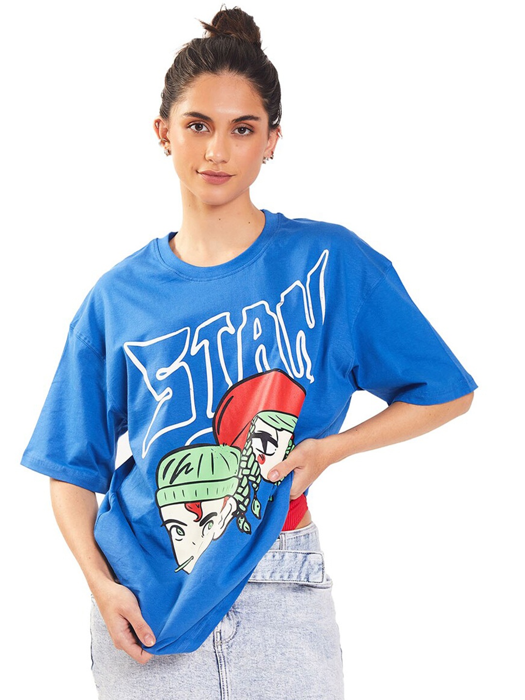 Bonkers Corner Blue Graphic Printed Drop-Shoulder Sleeves Cotton Oversized T-shirt